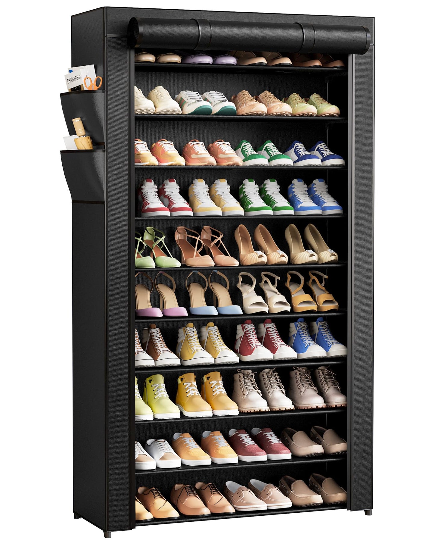 Kitsure Shoe Rack - 10-Tier Shoe Organizer with Zippered Dust Cover & Side Pockets, Easy to Assemble, Space Saving Shoe Rack for Closet, Entryway, Living Room, 33" x 12.4" x 69.3", Black
