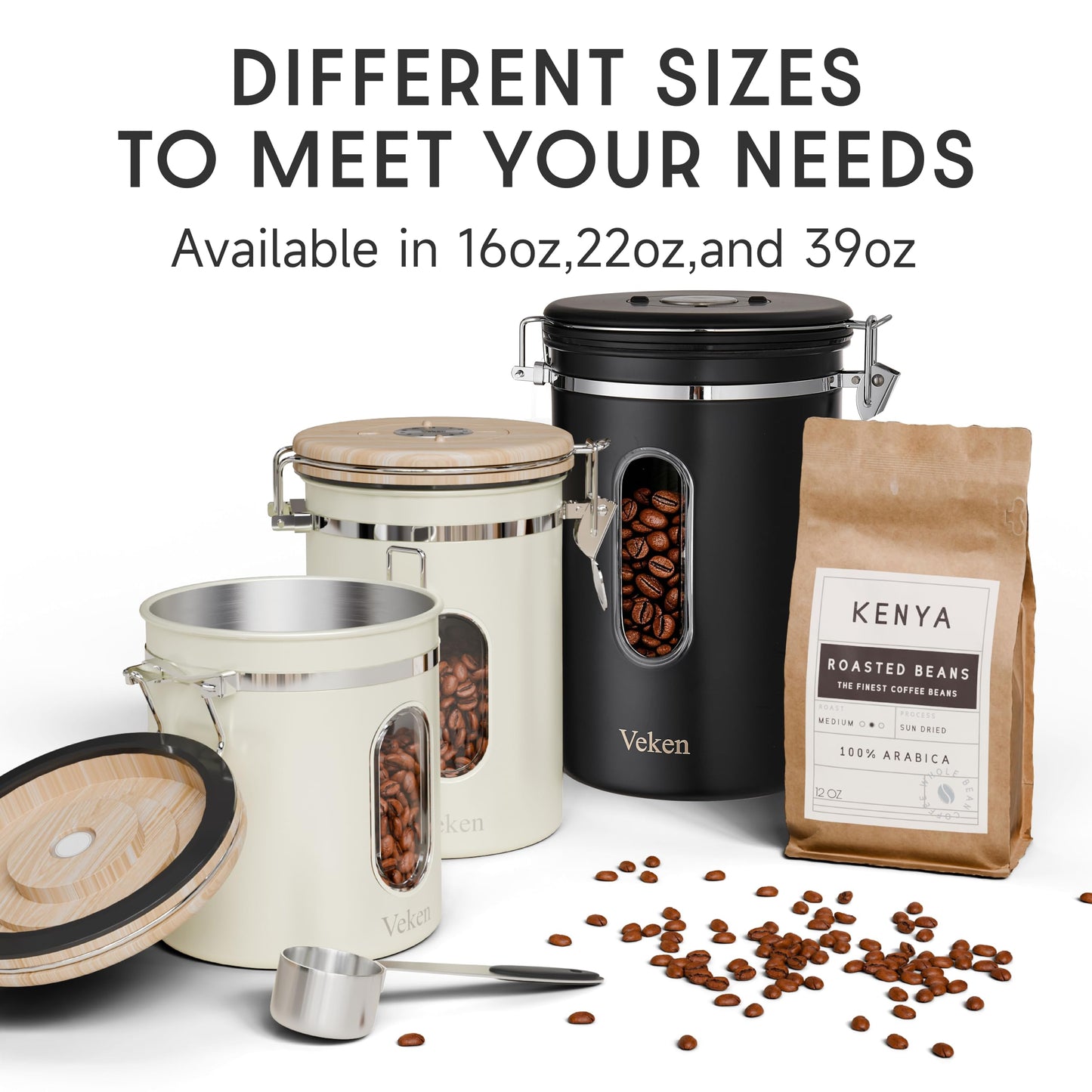 Veken Coffee Sugar Canister with Window, Airtight Stainless Steel Kitchen Food Storage Container with Lids, Date Tracker and Scoop for Grounds Coffee, Beans, Tea, Flour, Cereal Jars, 16OZ, Cream