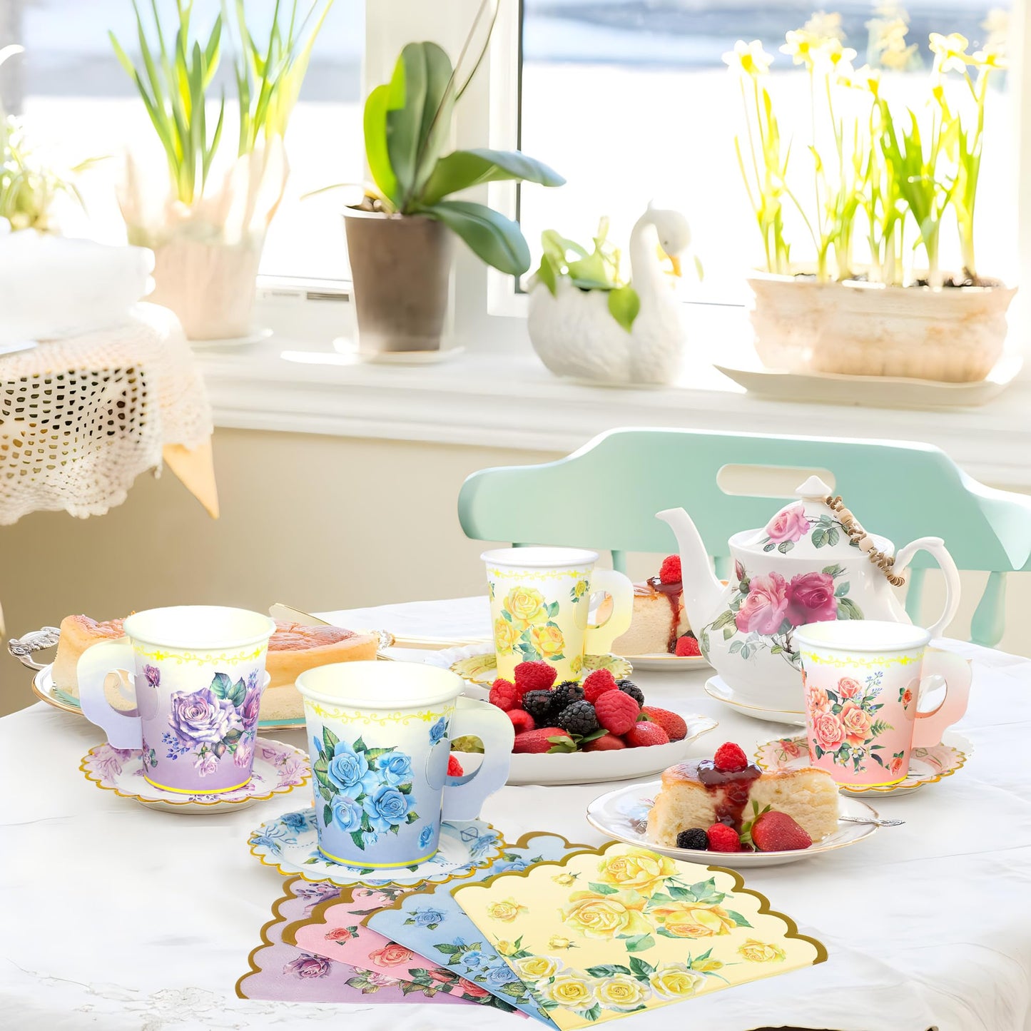 40 Set Floral Tea Cups and Saucers Disposable Tea Party Supplies Colorful Flower Teacups with Handle and Paper Napkins Dinnerware Set for Floral Theme Tea Party Birthday Wedding Bridal Shower Supply