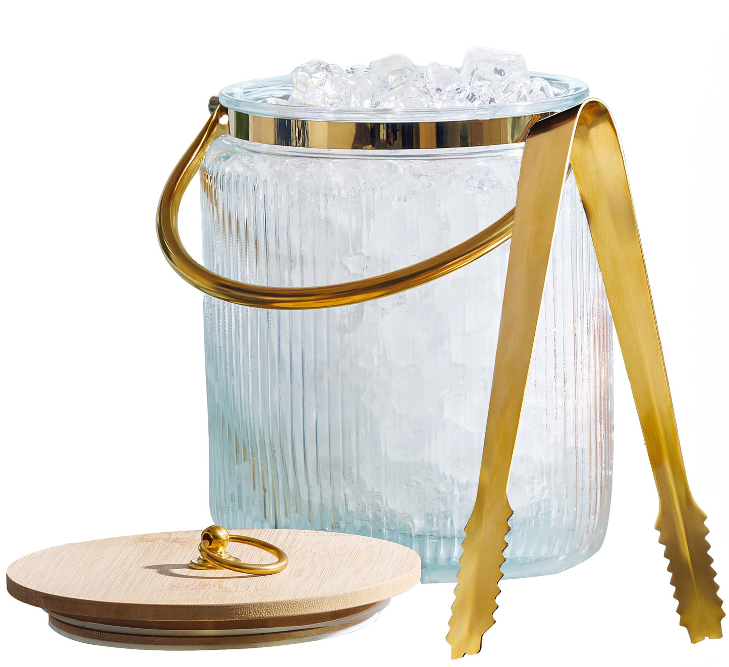 Le'raze Glass Ice Bucket with Airtight Lid, Tong Scooper and Handle - 3L Ribbed Beverage Tub Cocktail Home Bar Accessories, Wine, Beer Chiller for Parties, Champagne Drink Cooler Hinged Handles