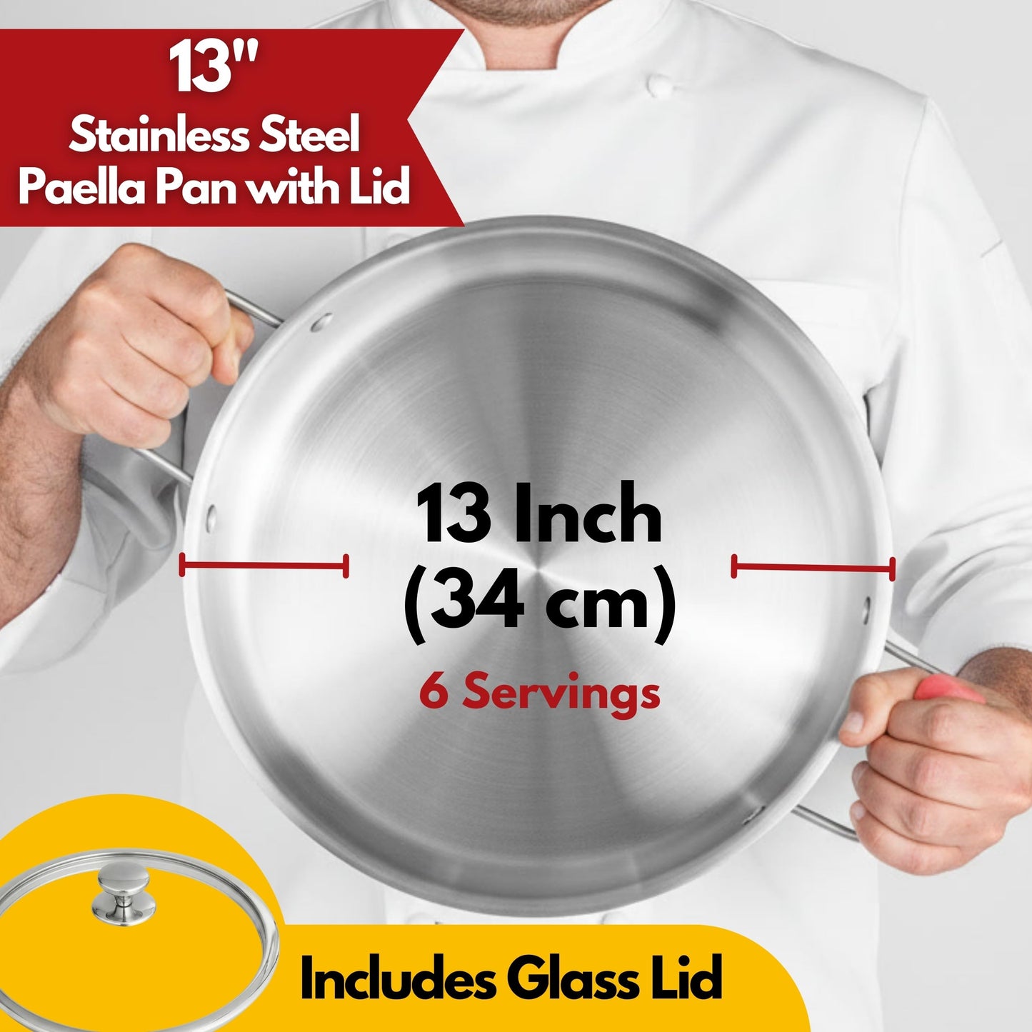 Paelluxe 13 Inch Tri-Ply Stainless Steel Paella Pan with Lid for 6 Servings - Includes Hot Handle Holders - Induction, Oven and Dishwasher Safe Skillet, Indoor Outdoor Cooking Cacerola Paellera Sarten