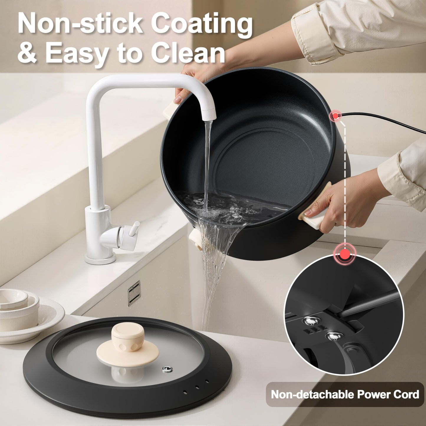 TOPWIT Hot Pot Electric, 4L Electric Pot with Non-Stick Coating, Dual Power Electric Cooker for Deep Frying, Steak, Pasta, Multi-Functional Large Capaity Shabu Shabu Pot for Party, Dark Black