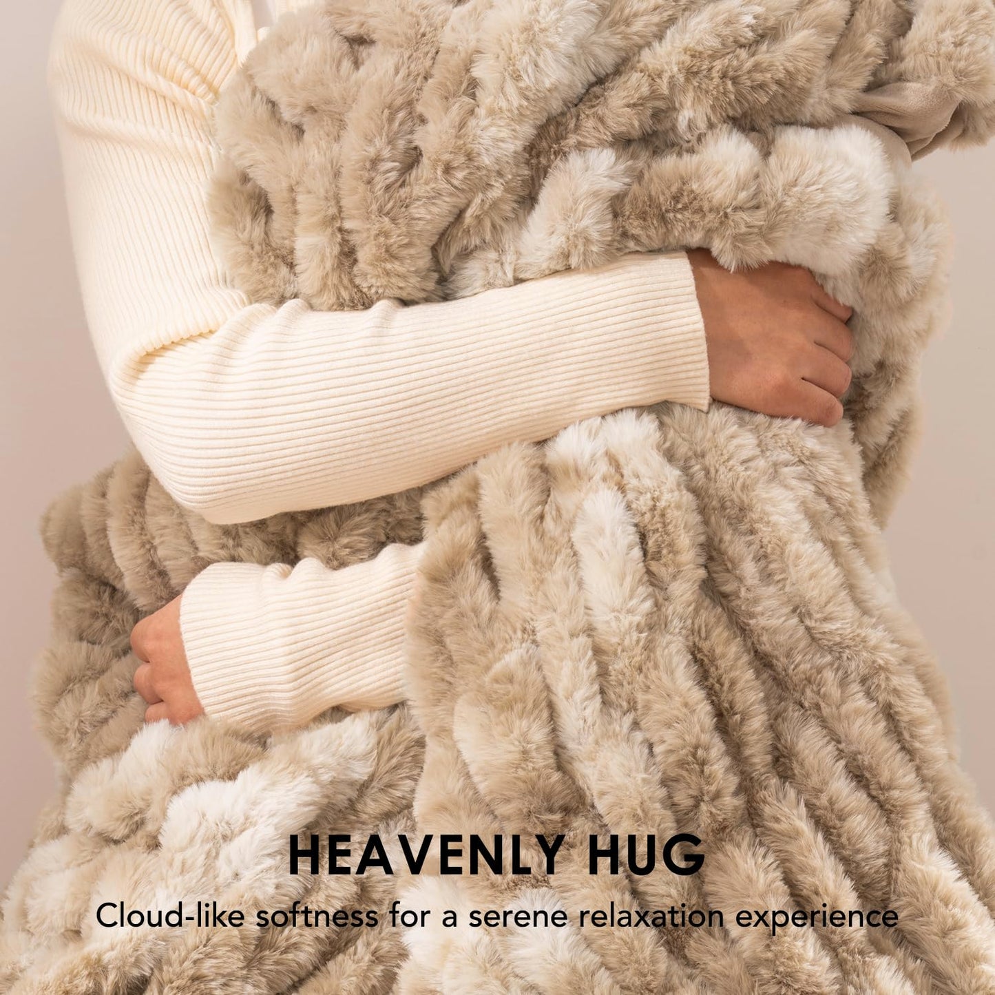 EVERGRACE Luxurious Soft Faux Rabbit Fur Throw Blanket, Cozy Fuzzy Plush Warm Throws for Couch Bed Sofa Chair Home Decor, Ruched Bubble Fluffy Blanket with Reversible Velvet, 60" x 80", Beige