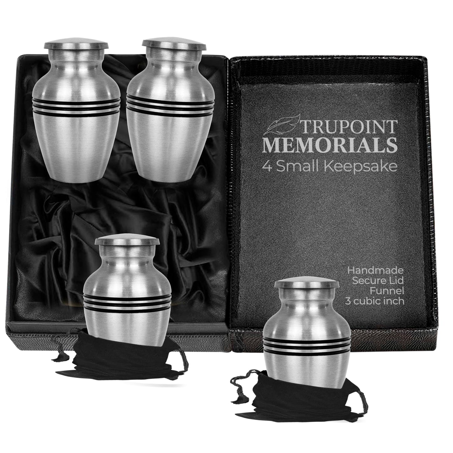 Trupoint Memorials Small Urns for Human Ashes Keepsake, Pewter Decorative Mini Cremation Urn for Adult Men & Women, Set of 4, Silver Lining