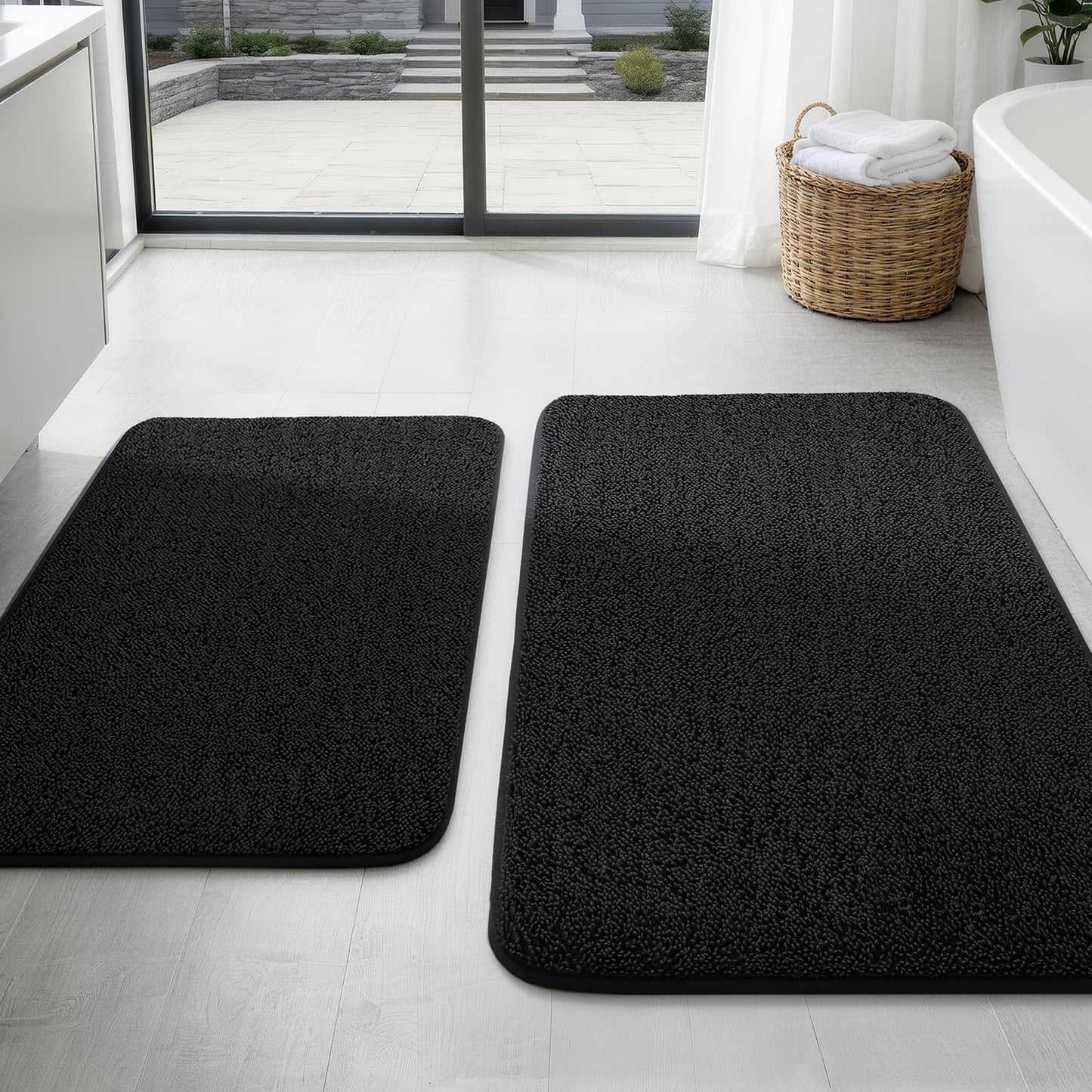 YIHOUSE Memory Foam Bathroom Rugs Sets 2 Piece - Extra Thick Soft Towel-Like Absorbent Bath Mat Set, Non Slip Machine Washable Bath Rugs Carpet for Bath, Tub & Shower (32"x20"+24"x17", Black)