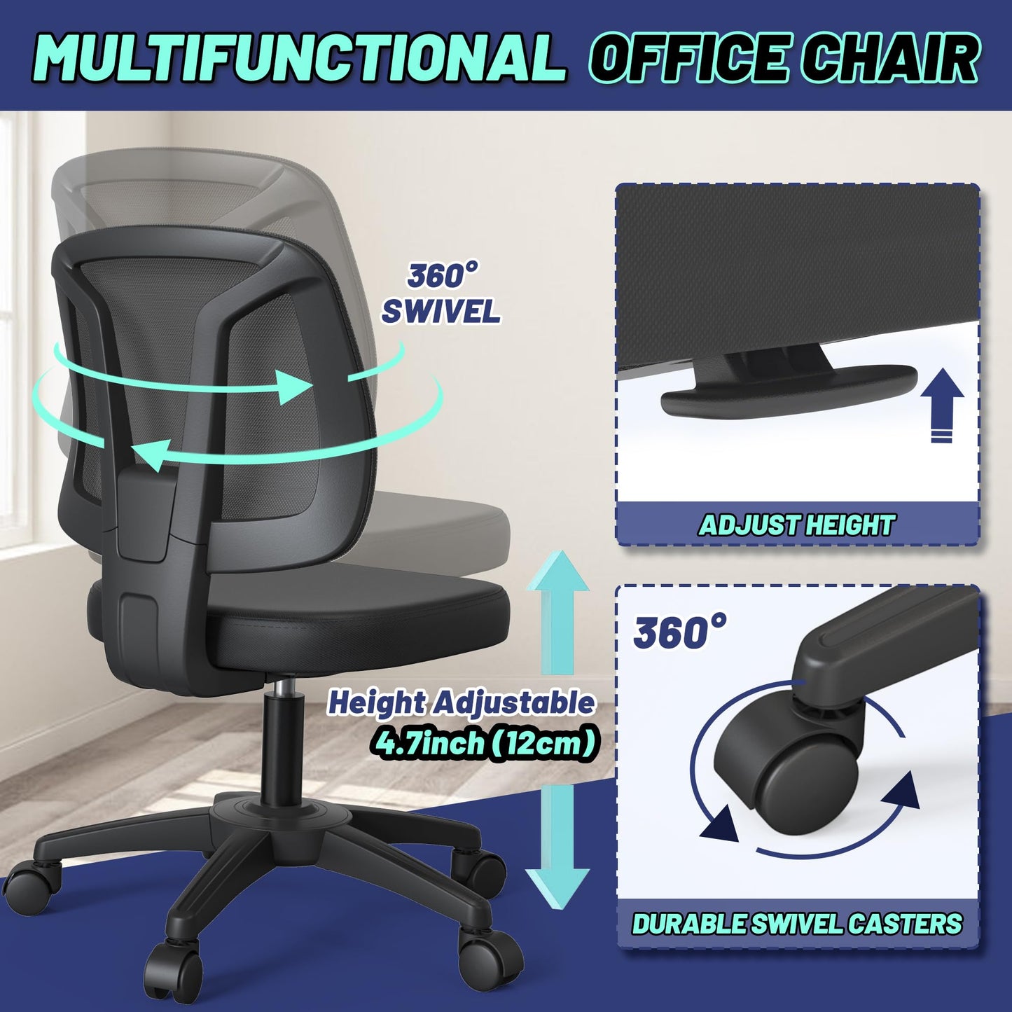 Armless Office Desk Chair No Arms with Back Support Rolling Wheels for Home Study Work