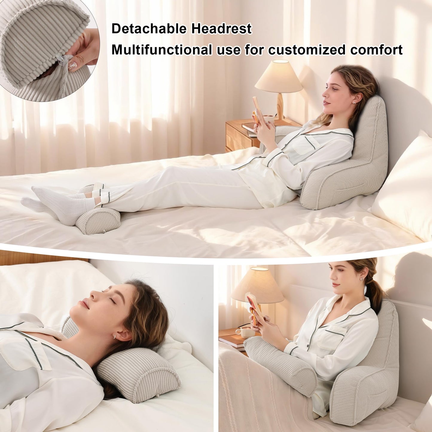 Ailuteie Reading Pillow for Sitting Up in Bed, Corduroy Backrest Pillow with Arms, Side Pocket & Washable Cover, Bed Rest Pillow Back Support for Adults, Beige Gray