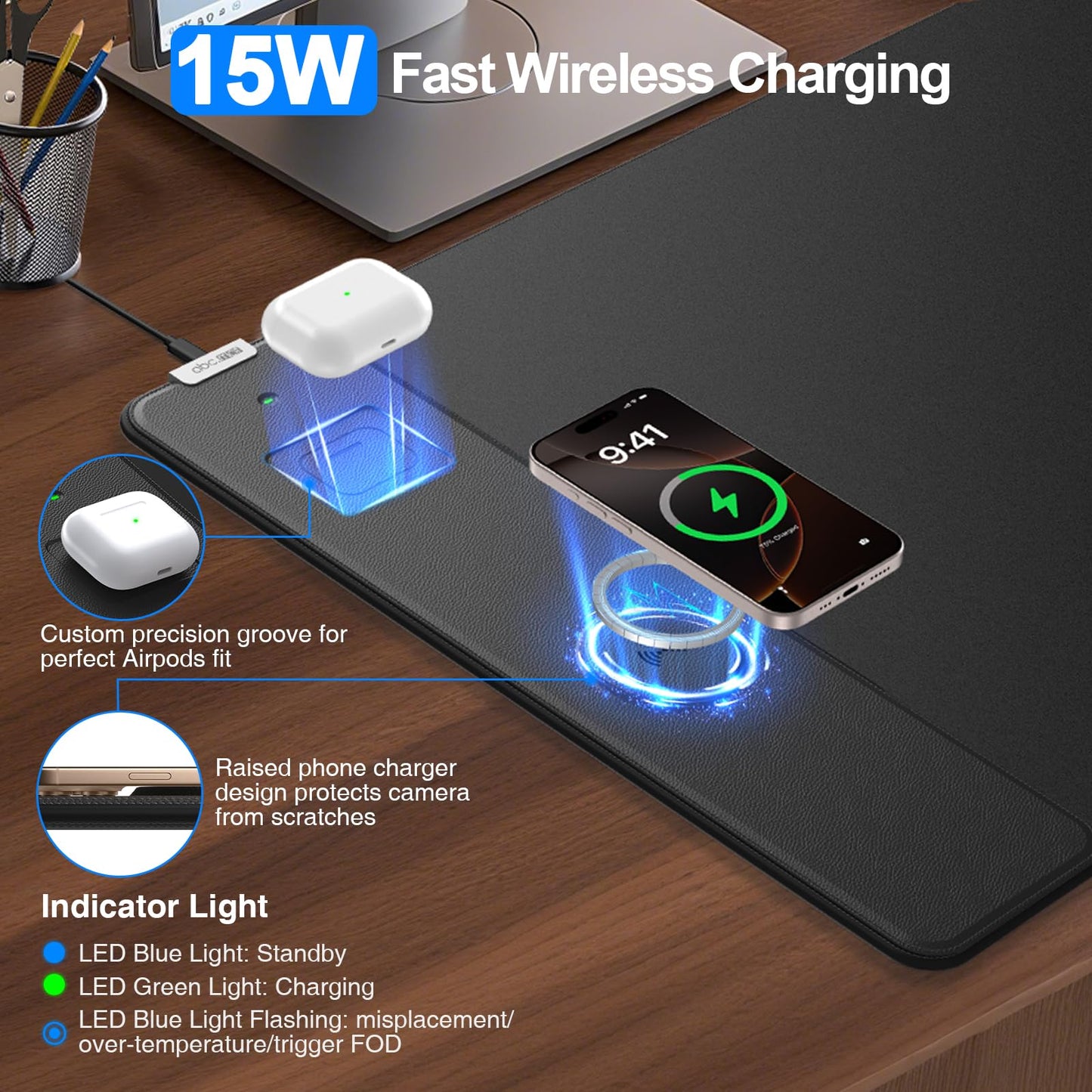 Mouse Pad with Magnetic Wireless Charger, 31.5"x15.8" Large Gaming Desk Mat, Non-Slip Base, Waterproof Ultra-Smooth Keyboard Pad for Gamer, Office & Home, Black