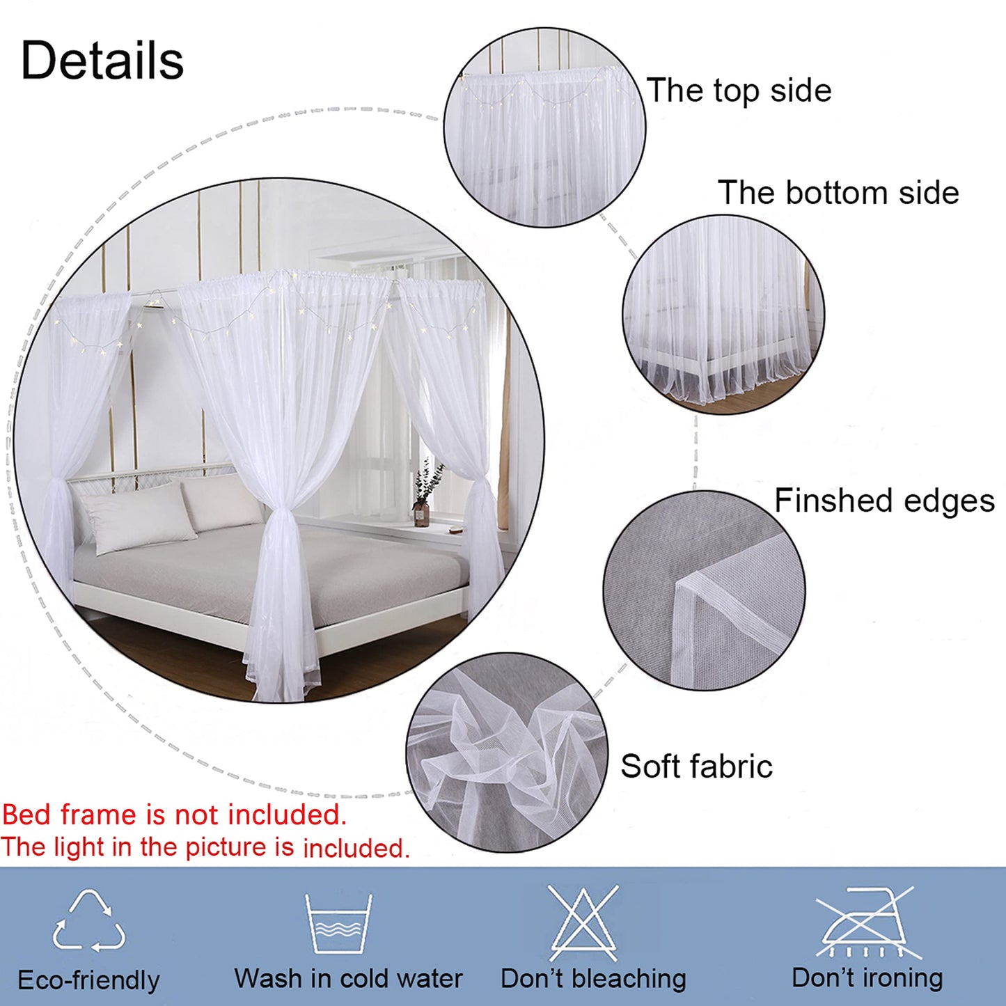 Akiky Princess Canopy Bed Curtains Bed Canopy Curtains with Lights for Queen Size Bed Drapes,8 Panels Canopies with Lights,Room Décor (Full/Queen, White)