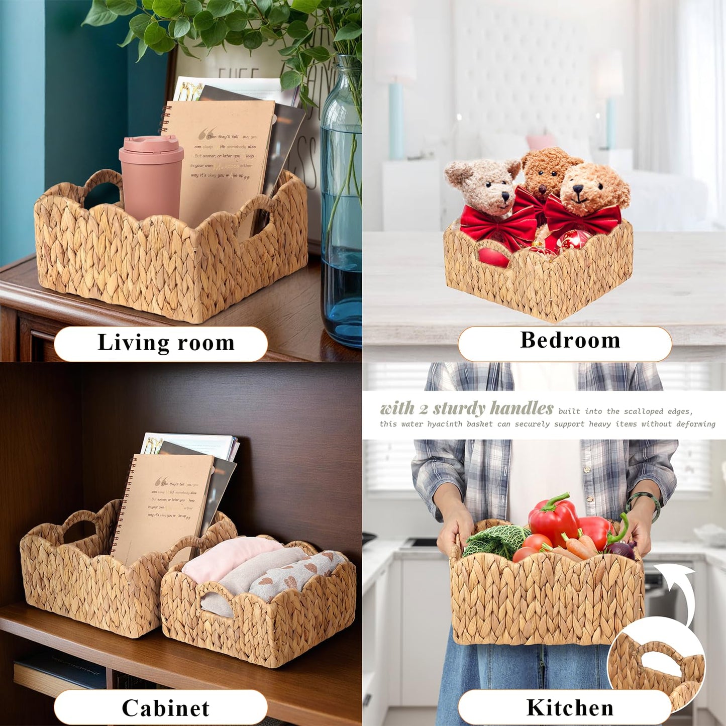 Scalloped Baskets (Natural-Set of 2) Basket Living Room Organizer, Water Hyacinth Baskets For Decor, Woven Basket for Bathroom, Bedroom, Laundr (2, Light Brown)