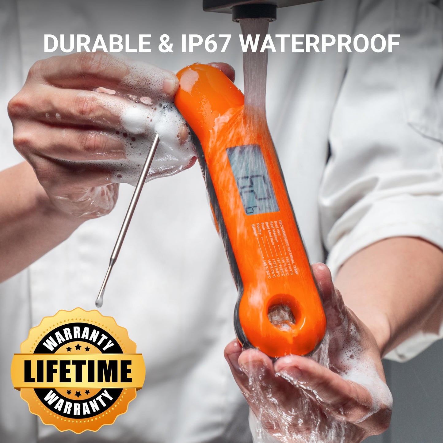 Professional Meat Thermometer Digital, Ultra-Fast 0.5 Sec Instant Read, NIST Certified ±0.5°F Accuracy, IP67 Waterproof, Auto-Rotating Backlit Display, Lift-to-Wake, for BBQ/Candy, Orange&Gray