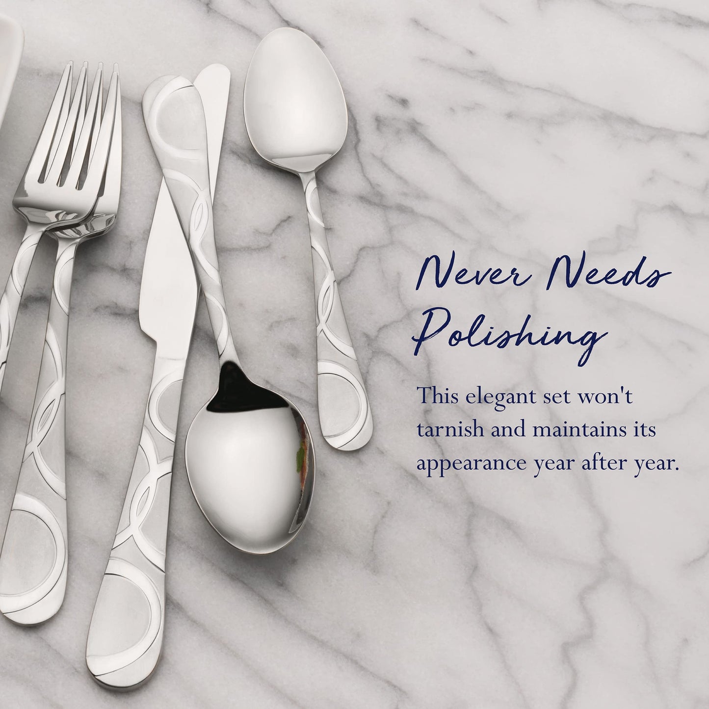 Pfaltzgraff Garland Frost Silverware Set 53-Piece, 18/0 Stainless Steel Flatware Set Service for 8 with Hostess Serving Utensils, Dishwasher Safe Cutlery Set