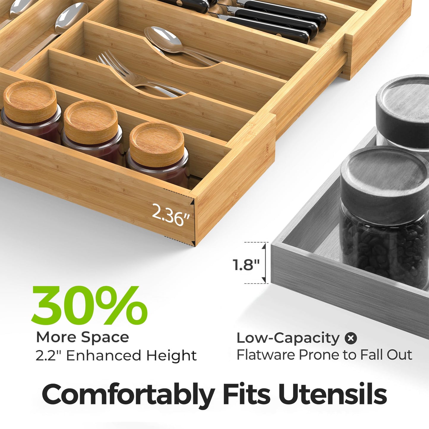Thalomely Bamboo Kitchen Drawer Organizer, Expandable Silverware Organizer with Removable Knife Block, 6-8 Slots- Utensil Holder & Cutlery Tray Drawer Dividers, 2.36" Deep for Extra Capacity, Natural