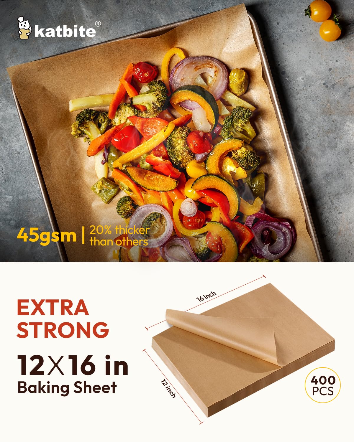 Katbite 400PCS Unbleached Parchment Paper Sheets, 12 x 16 IN Pre-Cut Baking Parchment, Extra Strong, Heavy Duty Non-Stick Baking Paper for Half Sheet Cookie Bread Cake Pans, Grilling Meat Pizza,Oven