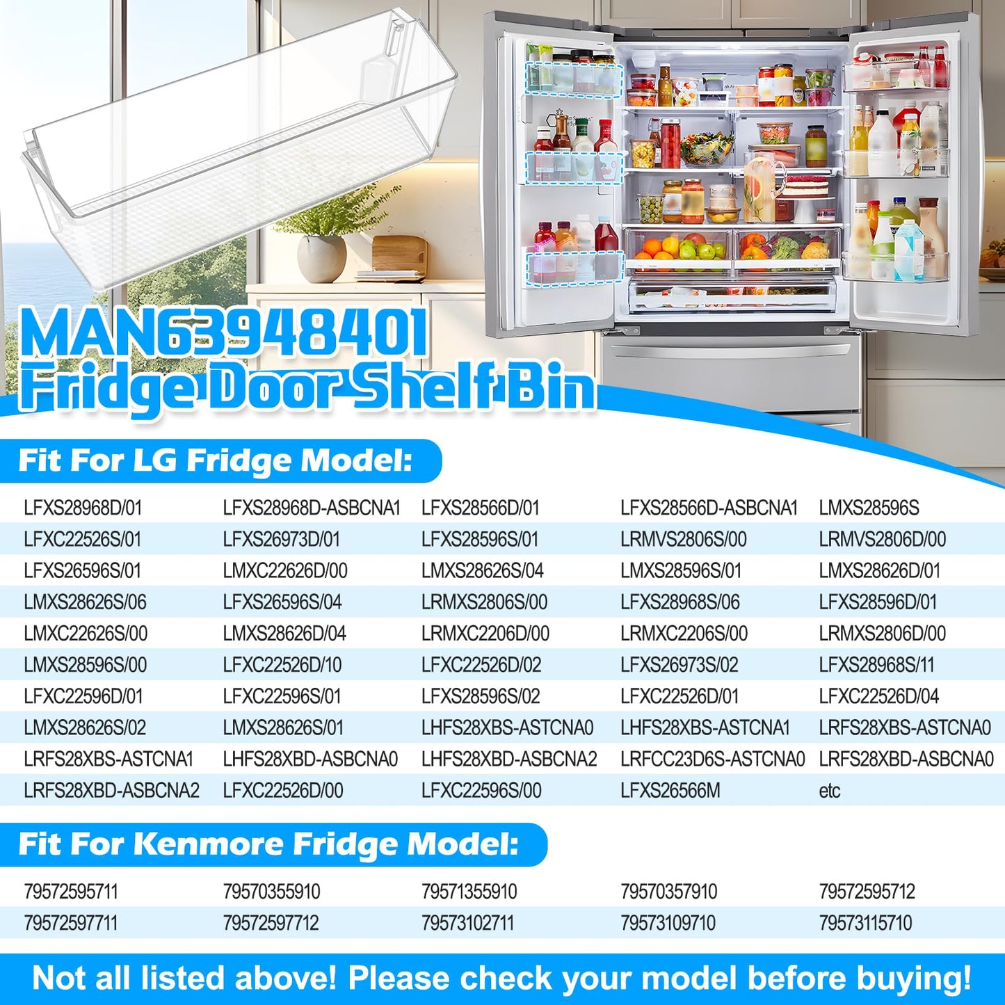 Upgraded MAN63948401 Refrigerator Door Bin Compatible with Kenmore LG Refrigerator Door Shelf Parts MAN63948404 MAN63948402 LG Fridge Shelf Replacement LMXS28626S LFXS26973S LFXC22526S Left Shelves