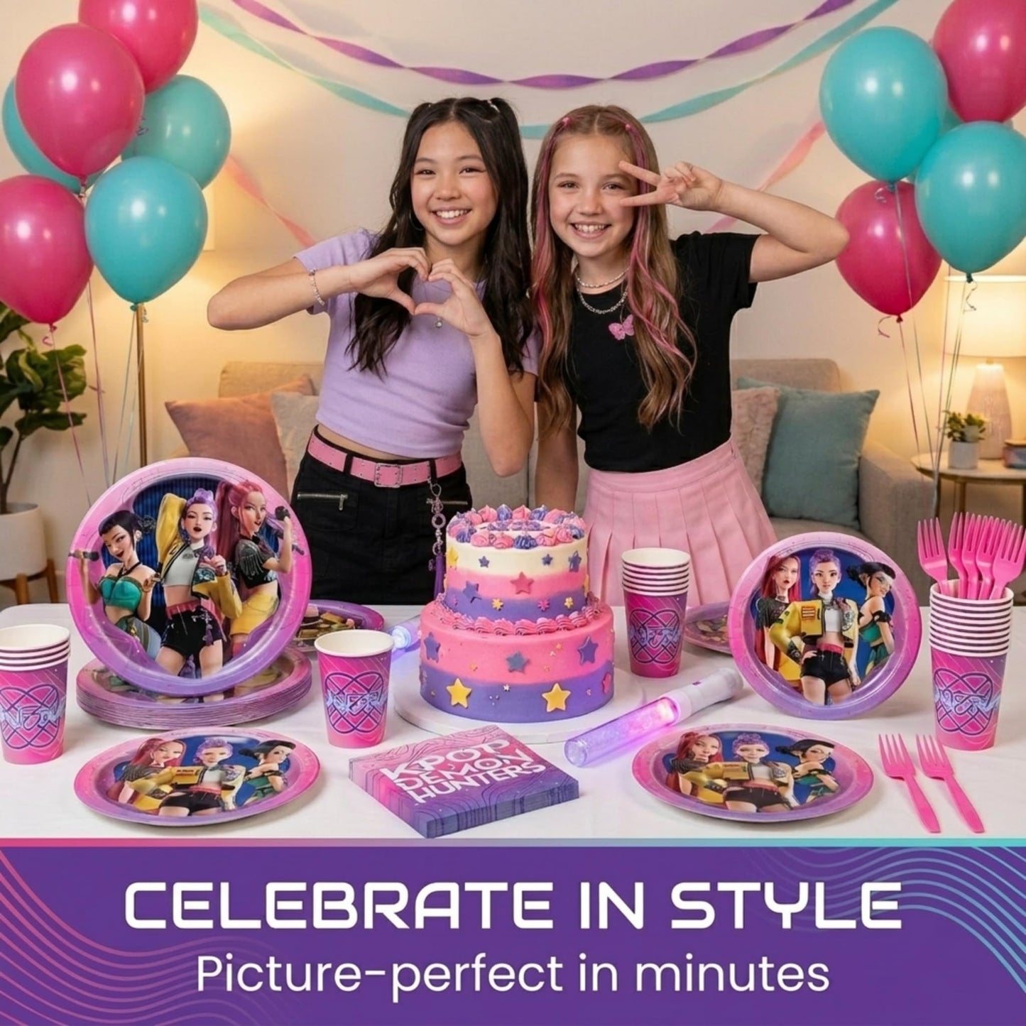 KPop Demon Hunters Birthday Decorations | KPop Demon Hunters Plates and Napkins, Cups, Forks | Officially Licensed