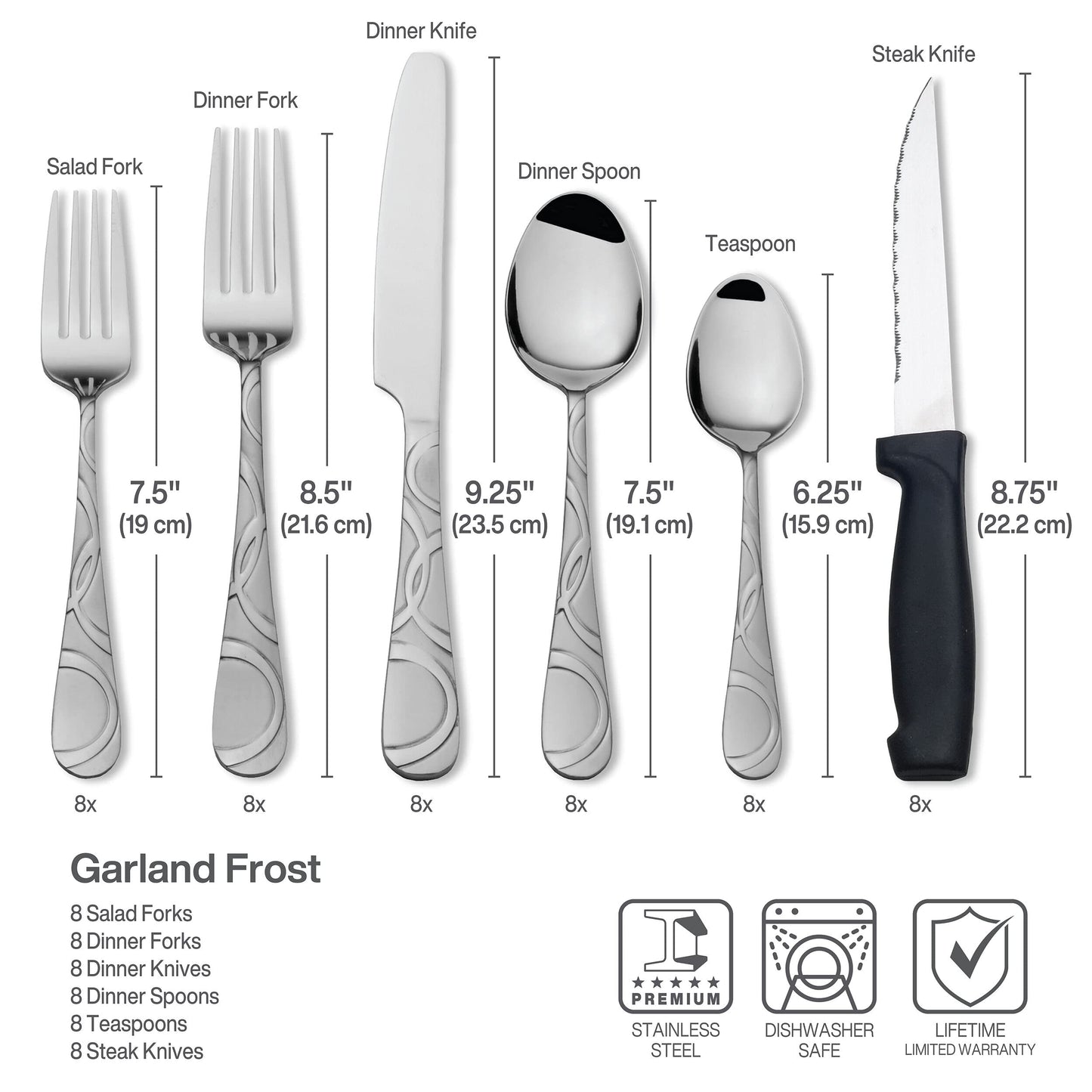 Pfaltzgraff Garland Frost Silverware Set 53-Piece, 18/0 Stainless Steel Flatware Set Service for 8 with Hostess Serving Utensils, Dishwasher Safe Cutlery Set