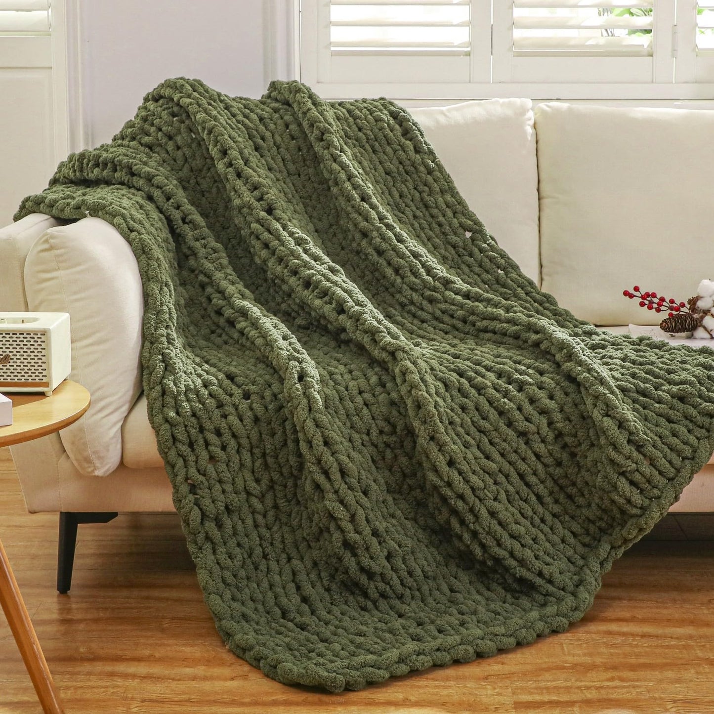 WESHIONGOO Chunky Knit Blanket Throw 51"×63" Knitted Throw Blankets for Couch Bed Fluffy Soft Blanket with Jumbo Chenille Yarn Thick 100% Handmade (Olive Green)