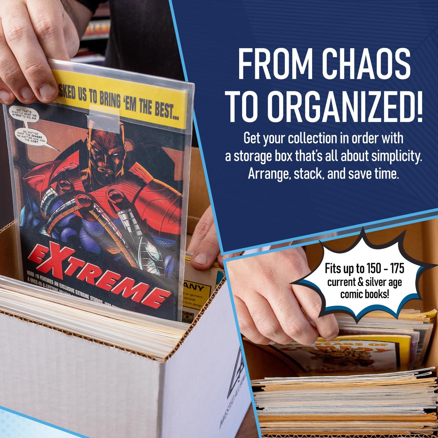 Invested Alliance Premium Short Comic Book Storage Box Organizer with Lid | Thick Cardboard Comic Storage Box For Collectibles Fits 150-175 Current/Silver Age, Heavy Duty & Stackable.