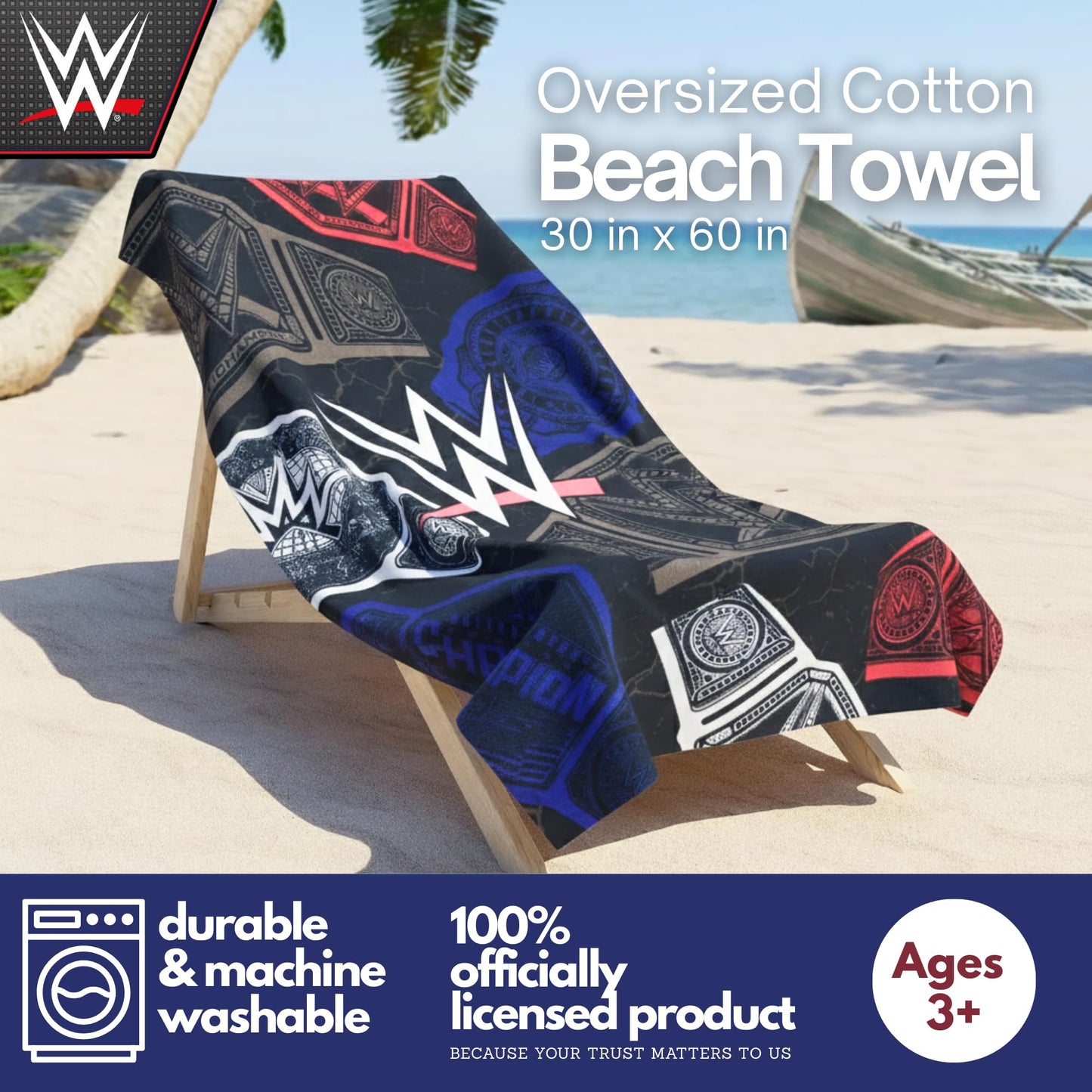 WWE Wrestling Oversized Cotton Beach Towel, 30 x 60 Inch Large Soft & Absorbent Pool, Bath & Beach Towel (100% Officially Licensed Product) by Franco Collectibles