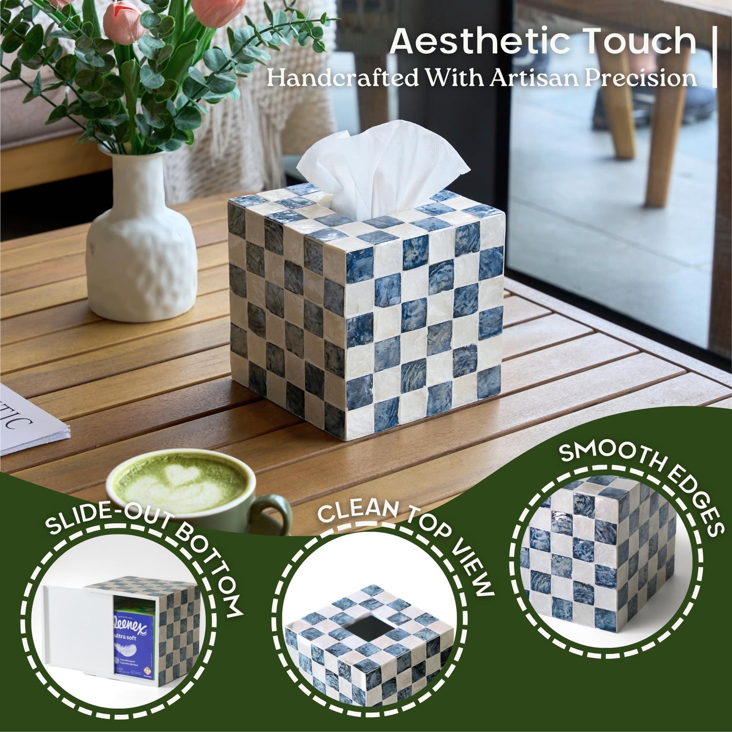 CHI AN HOME 5.7" Square Tissue Box Cover, Handmade Checkered Cube Tissue Box Cover with Capiz Shells, Decorative Mother of Pearl Tissue Holder for Living Room, Bathroom, Bedroom or Office (Navy Blue)