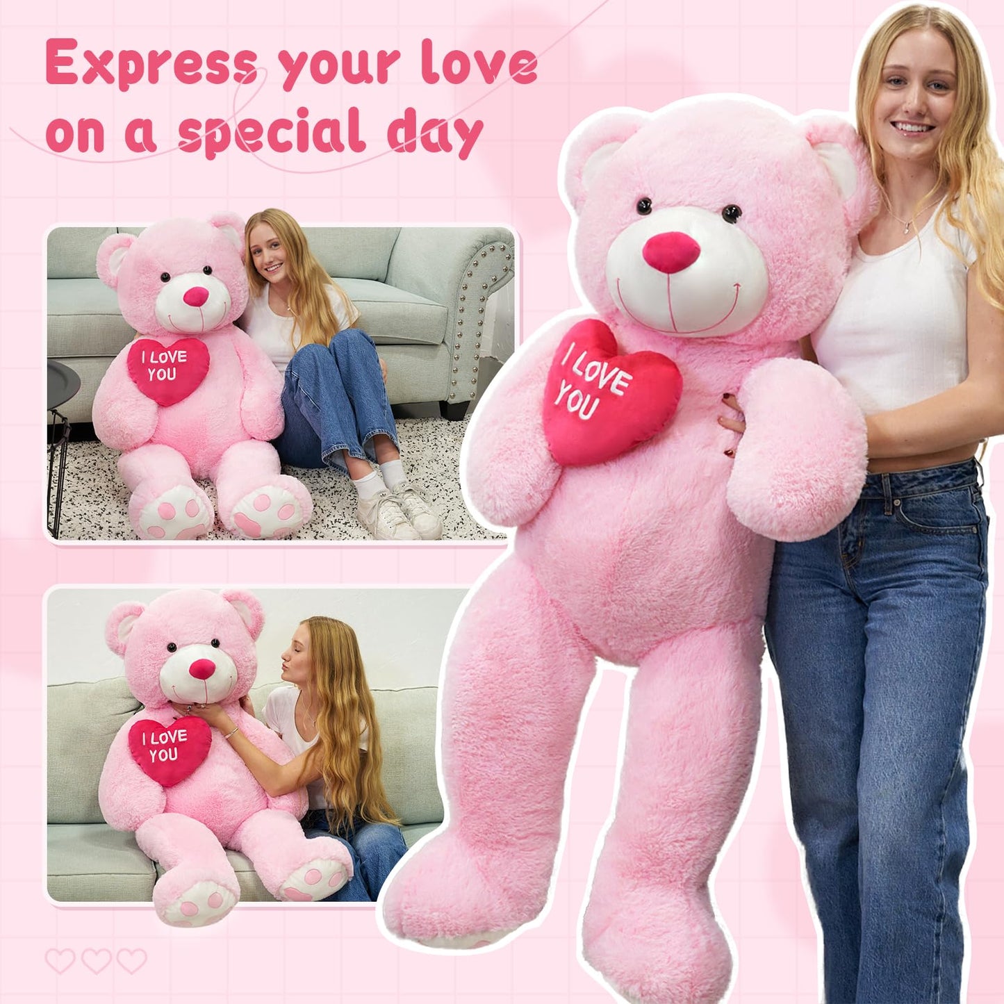 MaoGoLan Big Teddy Bear 4.3ft Stuffed Animal, I Love You Red Heart Giant Pink Teddy Bear Plush Toy, Large Stuffed Animal Gift for Girlfriend, Boyfriend, Kids