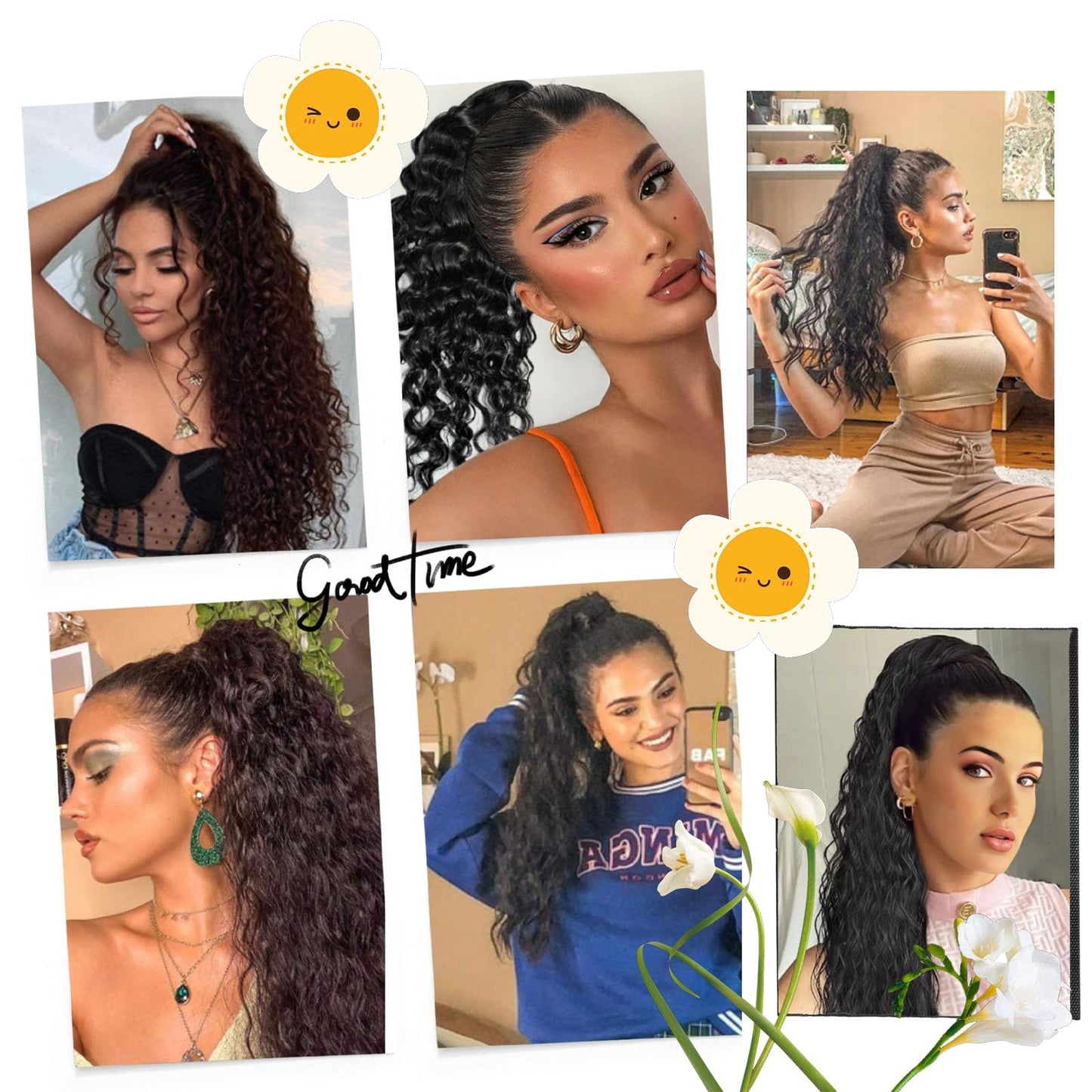 100% Human Hair Curly Drawstring Ponytail extension Water Wave, 12 inch 1B Natural Black Color, Afro Ponytail Brazilian Kinky Real Hair Ponytail Extensions For Black Women