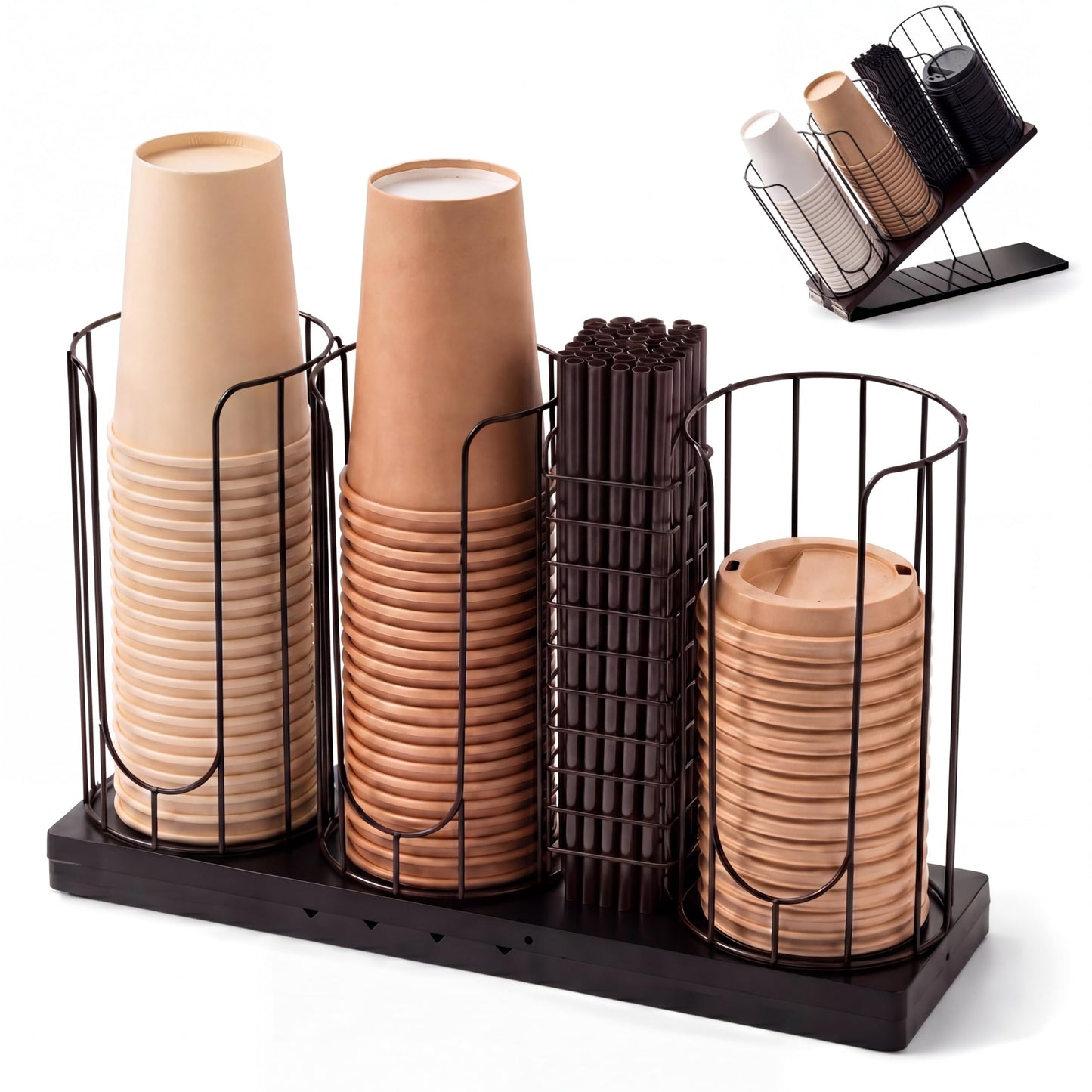 Geelin Adjustable Coffee Cup Dispenser, 4-compartment Cup and Lid Holder, Metal Holder Organizer for Storing Paper Cups, Straws, Lids and Disposable Tableware for Coffee Bar Countertop Breakroom