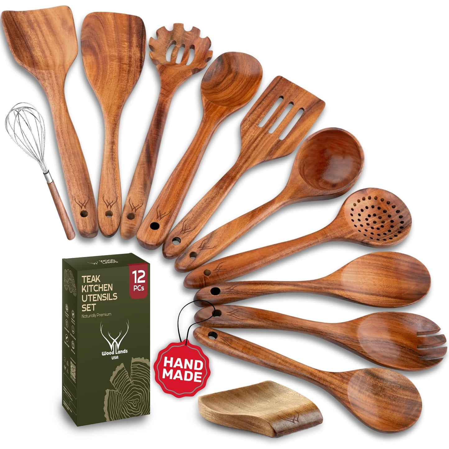 12 Pcs Wooden Cooking Utensils Set – Luxury Wooden Kitchen Utensils with Holder, Versatile Wooden Spoons for Cooking & Durable Teak Wood Utensil Set for Modern Home - Cooking spoons with Spatula