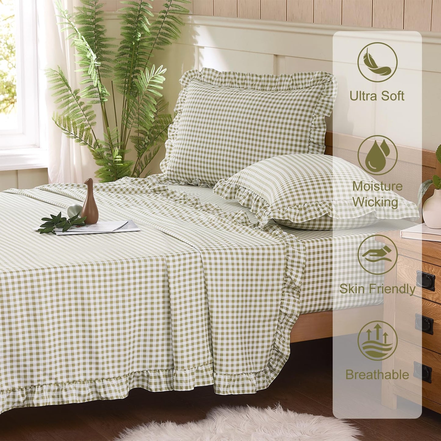 kisswish Gingham King Sheet Set, Lightweight Super Soft Brushed Microfiber Plaid Bed Sheets with 16" Deep Pocket, 4 Piece Ruffle Farmhouse Bedroom Decor, Sage Green