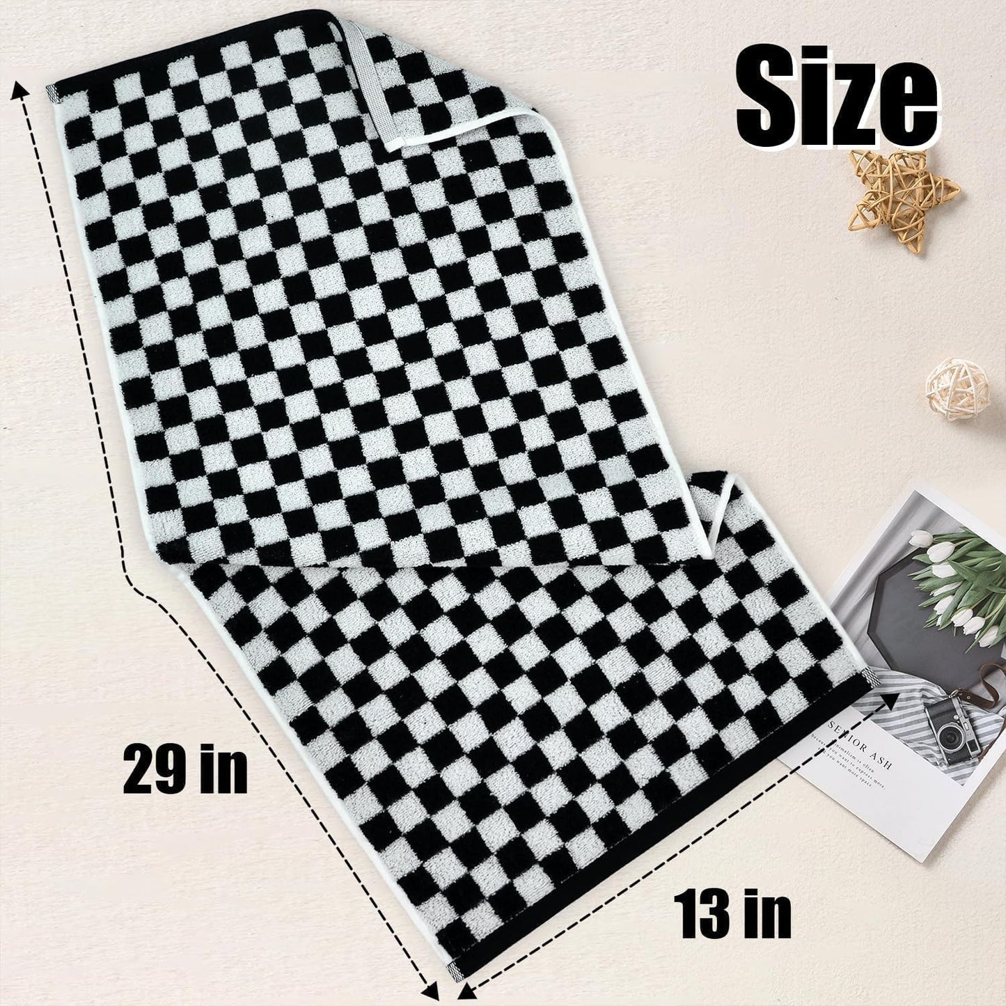 Jacquotha Black and White Hand Towels 4 Pack, Cotton Decorative Bathroom Hand Towels & Checkered Kitchen Decor, 13" x 29"