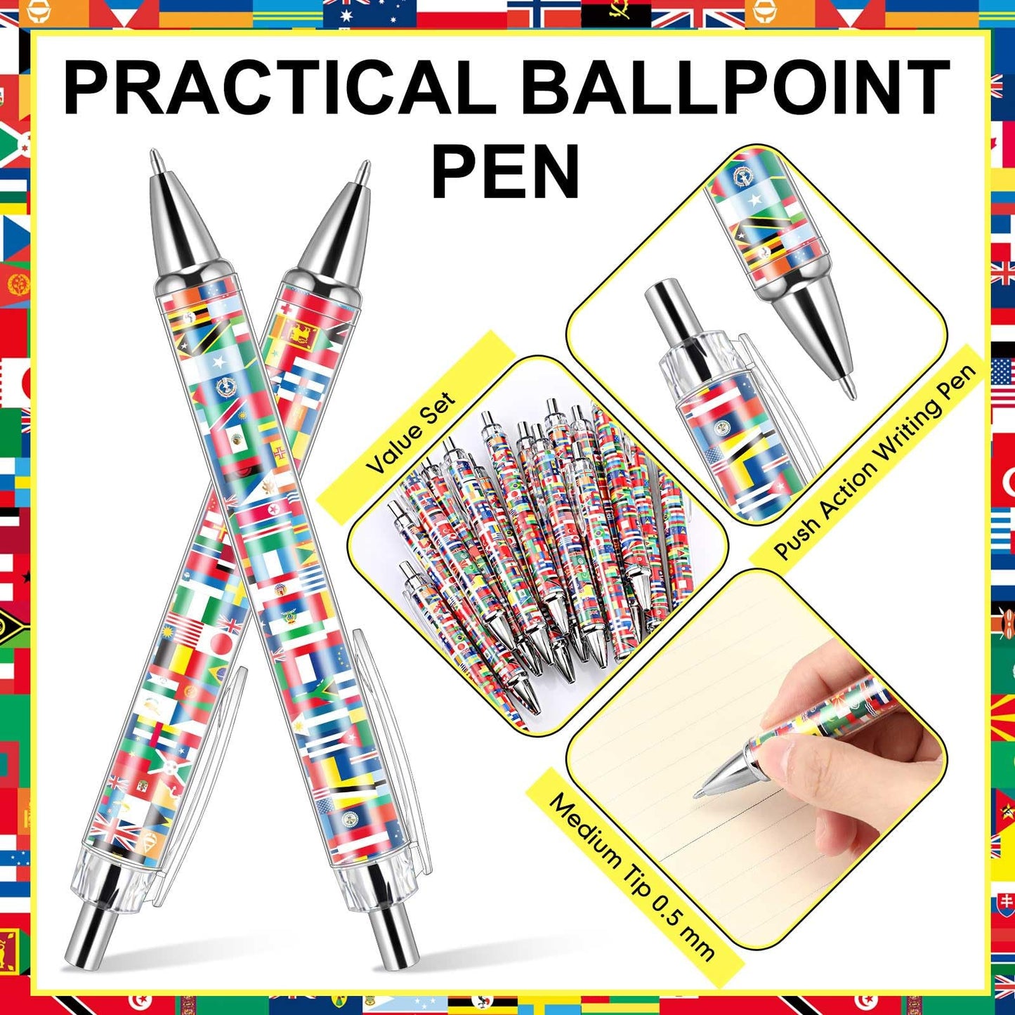 Janlaugh 100 Pcs 2026 Soccer International Flag Pens Around The World Party Favors Multicultural Country Flags Ballpoint Pens Bulk Gifts for Students School Classroom Employees Coworkers Team Staff
