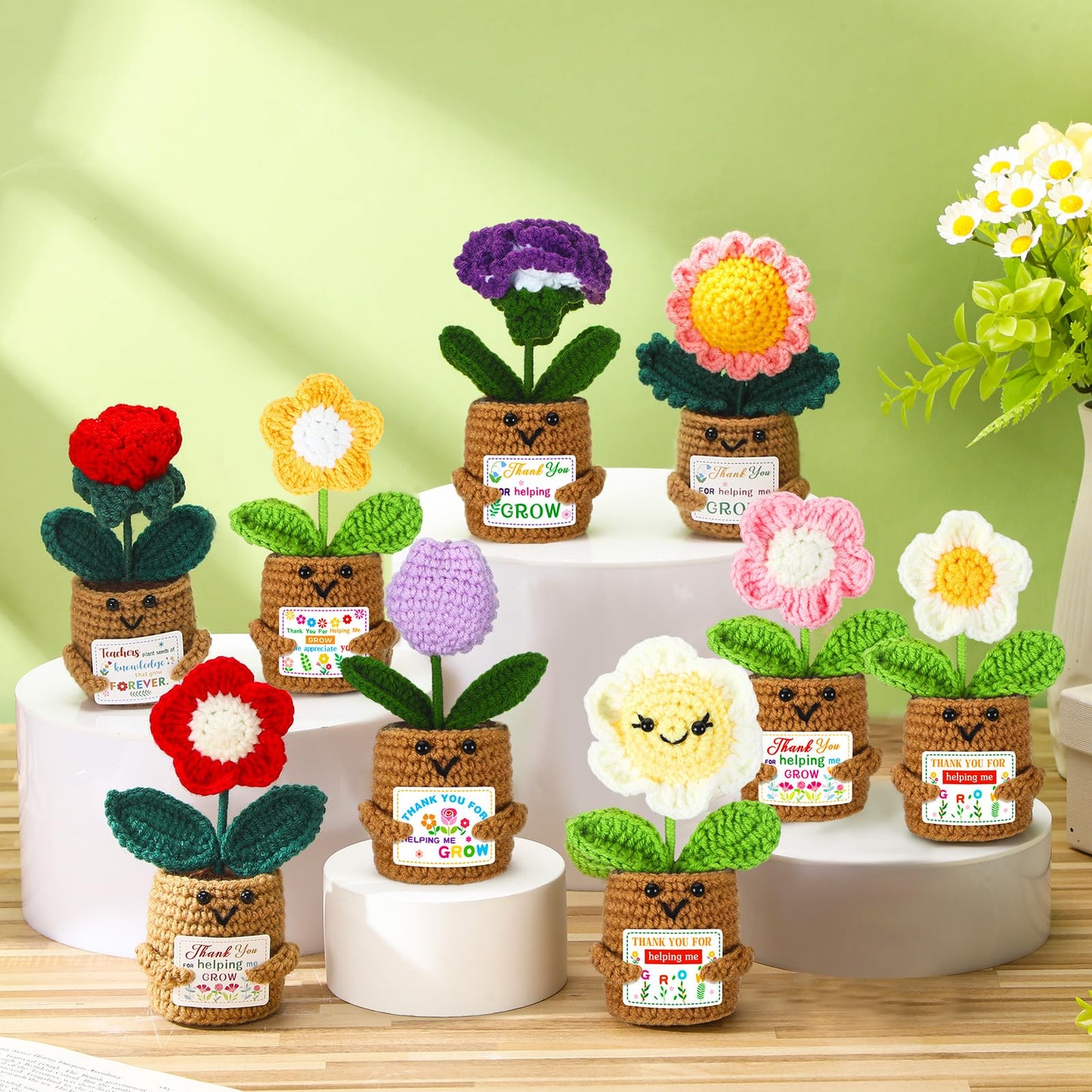 Daifunli 10 Pcs Appreciation Gifts for Teacher, Thank You for Helping Me Grow, Crochet Potted Plants with Card Crochet Flowers for Teacher Graduation End of Year from Students