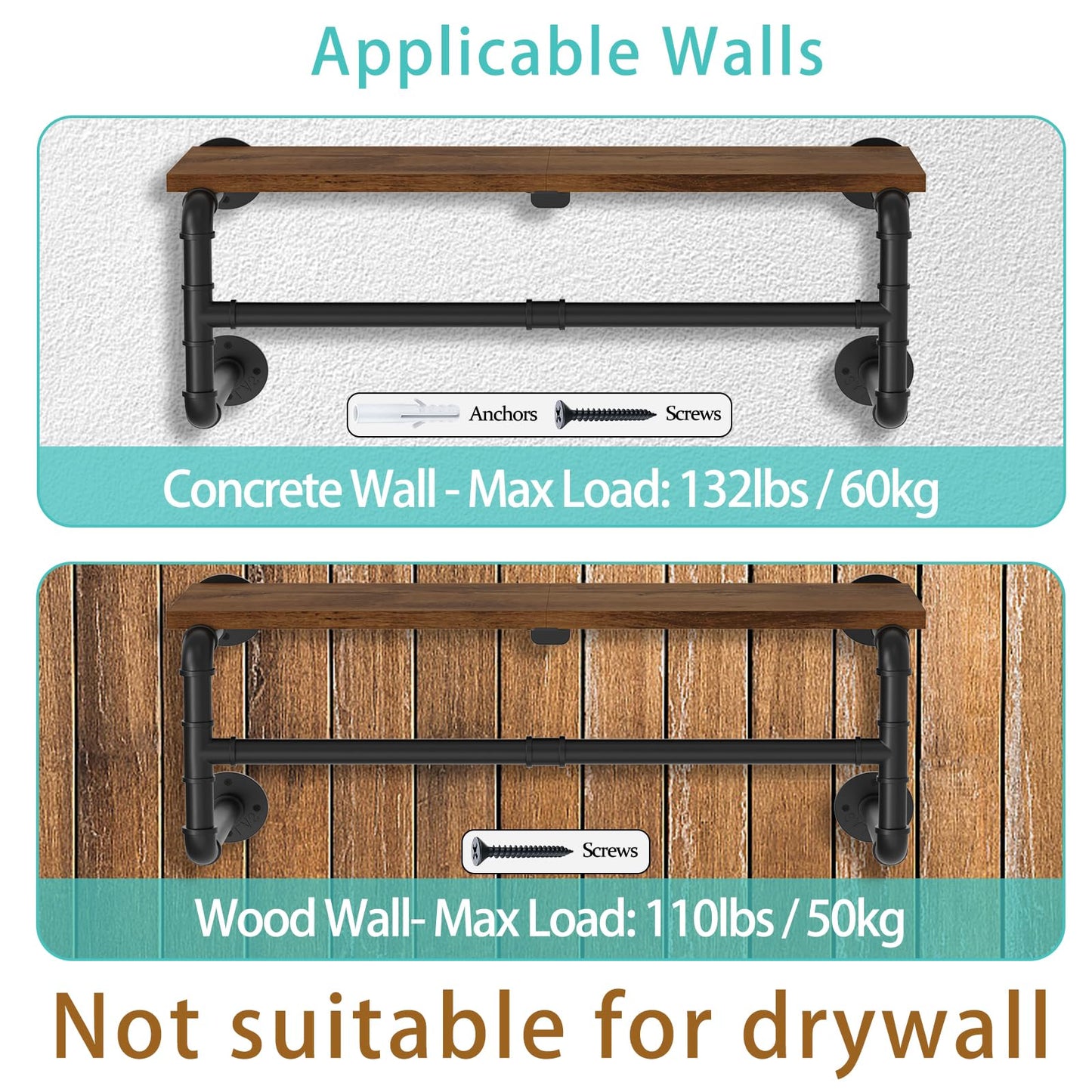Yawinhe Industrial Pipe Clothes Rack with Top Shelf, Wall Mounted, Space Saving Hanger with 4 Bases, for Shops, Homes, 27.5''Lx10.2''Wx10.2''H, Rustic Brown, 1-Pack