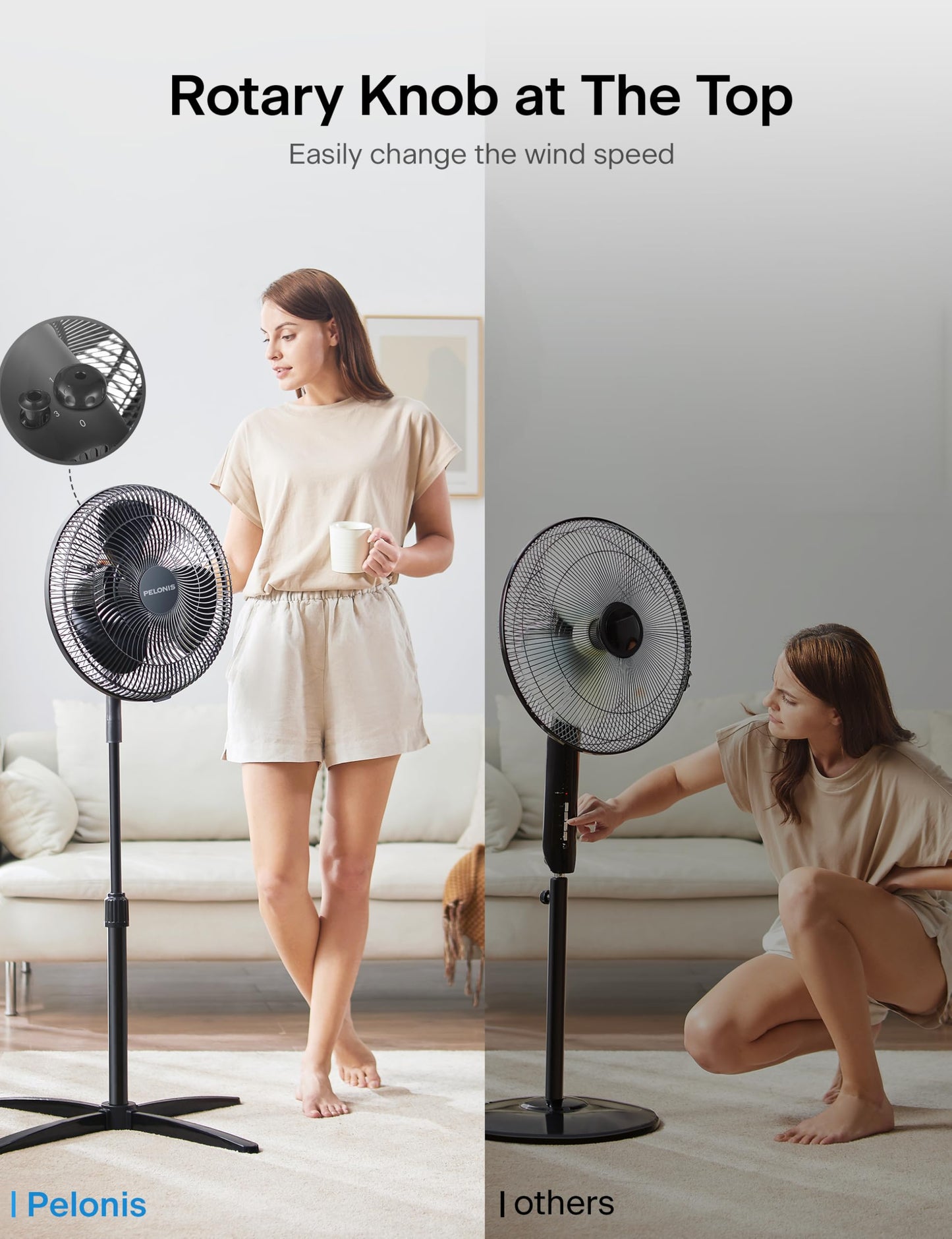 PELONIS 16 inch Pedestal Fan for Bedroom , Oscillating Fan, 3-Speeds, 90° Oscillation, Adjustable Height, Floor Fan, Standing Fan for Living Room, Kitchen, and Home office, Black