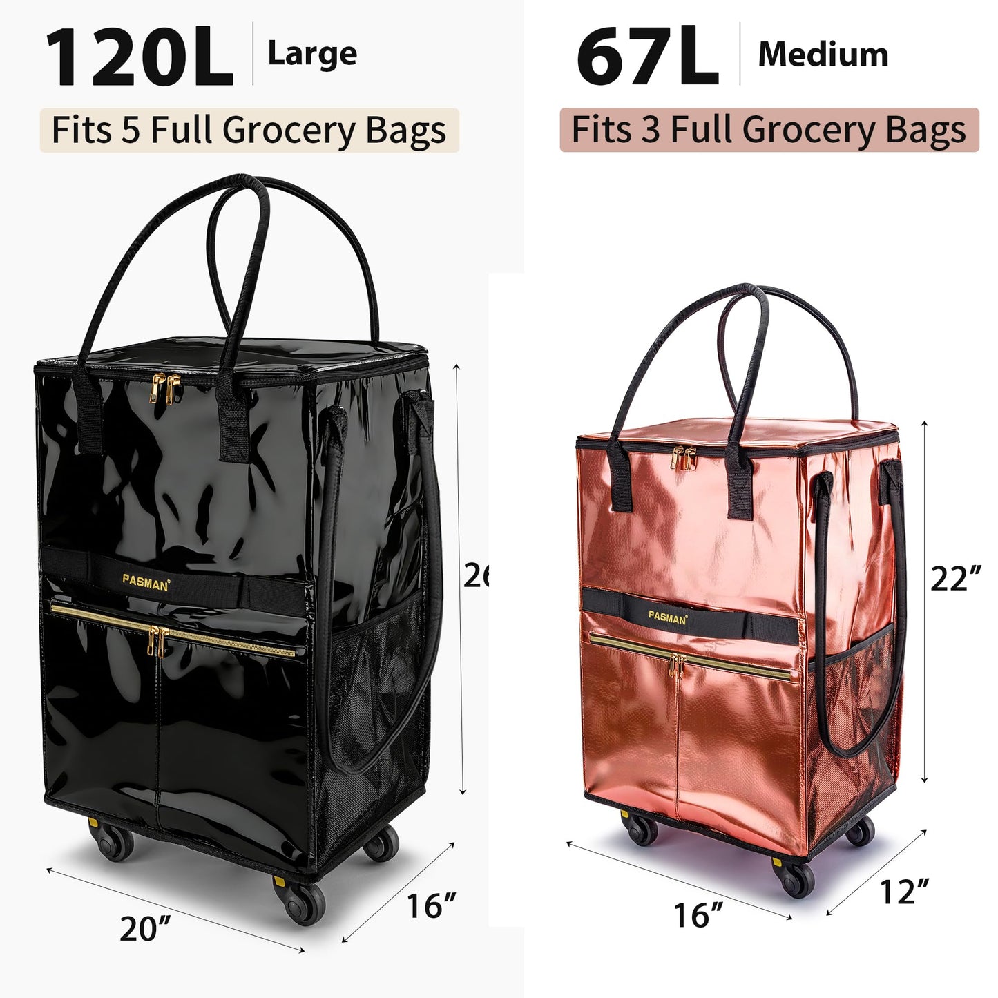 Reusable Grocery Bag on 5 Wheels, Foldable Rolling Tote Bag with Handle and Zipper Cover, Heavy Duty Shopping Cart for Laundry, Market & Travel (Black2, Medium_67L)