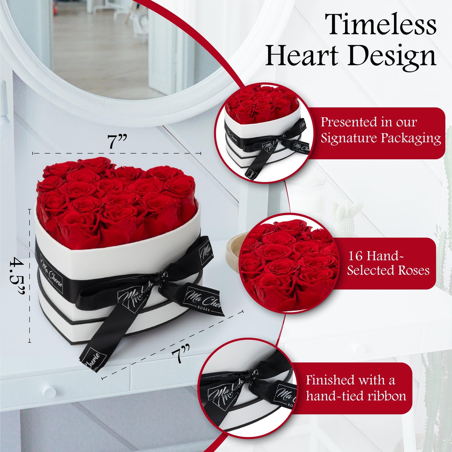 ma cherie roses - 16 Preserved Flowers in Elegant Heart Shaped Box, Mom Birthday Gifts, Gifts for Her, Mother's Day, Valentines, Red Roses, for Women