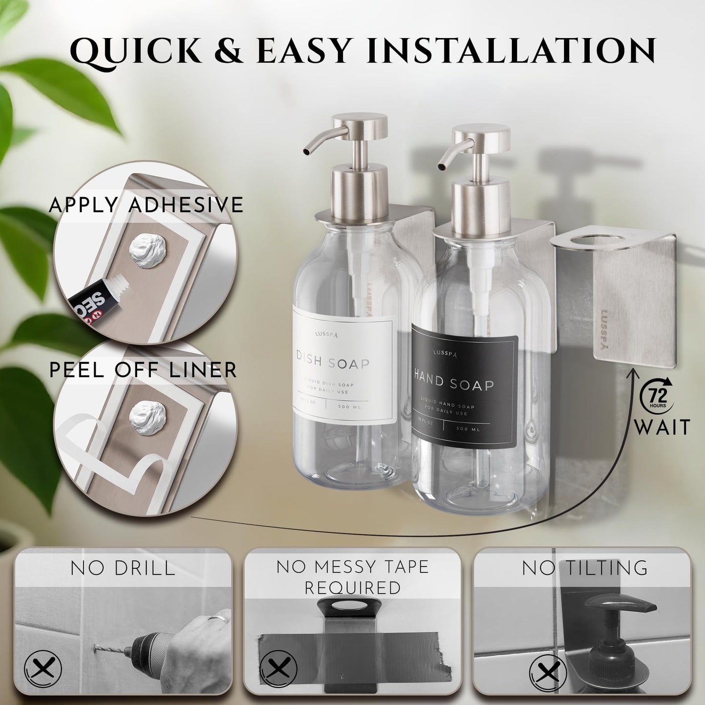 Shower Shampoo Dispenser Wall Mounted – 3 Refillable 16.9 oz Clear Bottles with Stainless Steel Pumps & No-Drill Adhesive Holders – Soap Dispenser Set for Bathroom (3 X Clear/Silver)