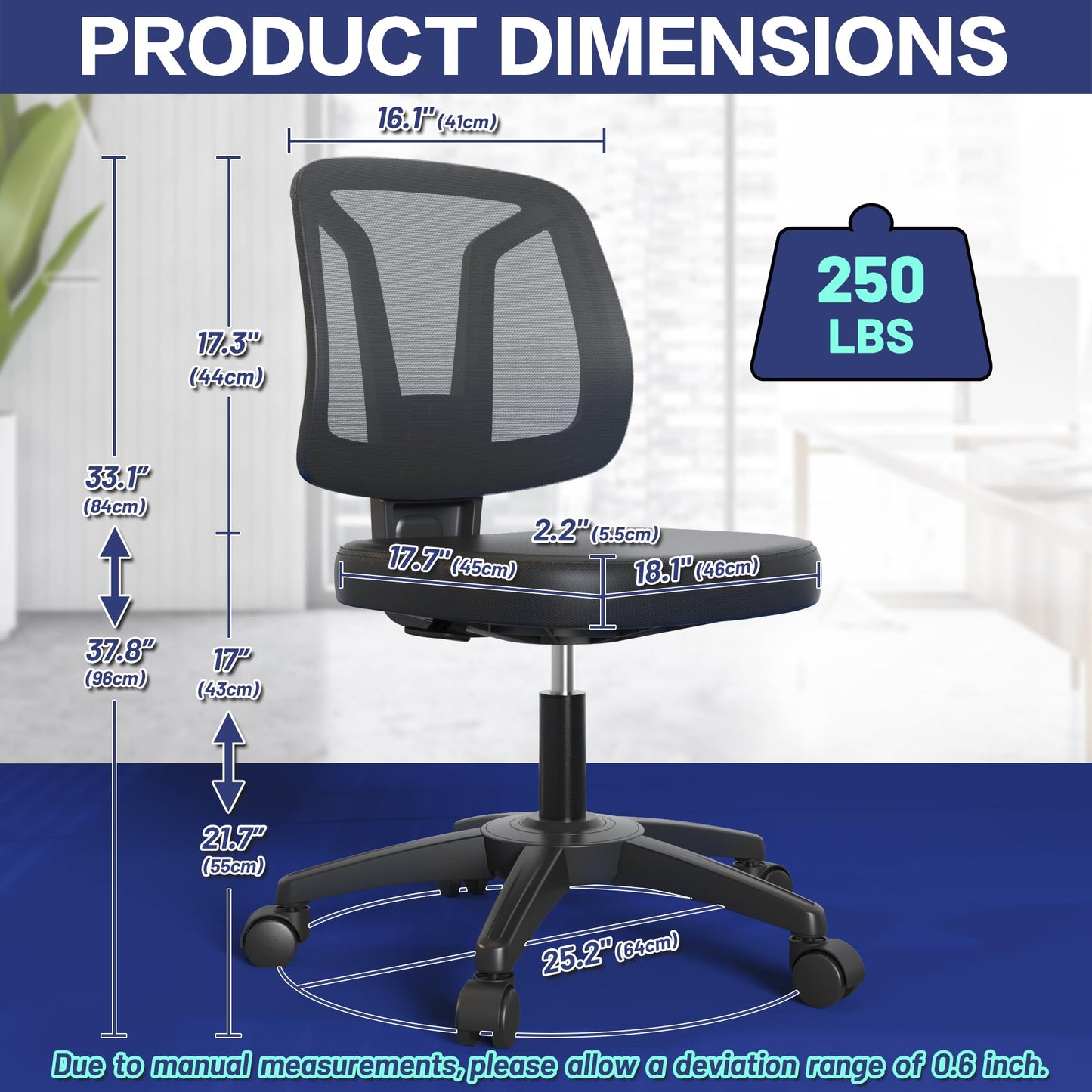 Armless Office Desk Chair No Arms with Back Support Rolling Wheels for Home Study Work