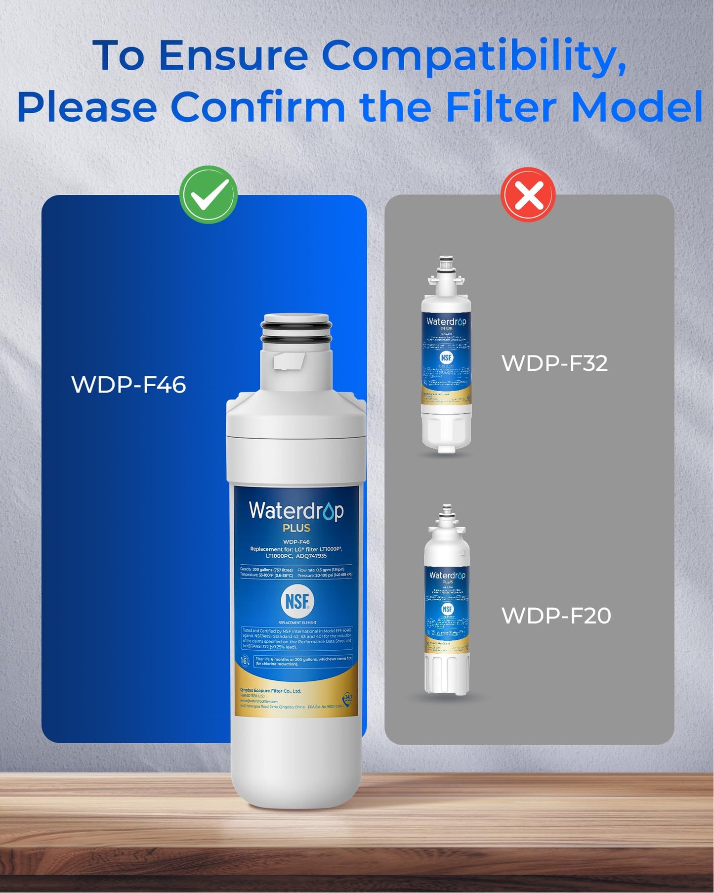Waterdrop Plus LT1000PC ADQ747935 NSF 401 Refrigerator Water Filter and Air Filter, Reduce PFAS, Replacement for LG® LT1000P®, LRFWS2906V, LRMVS3006S, LMWS27626 and LT120F®, 3 Combo