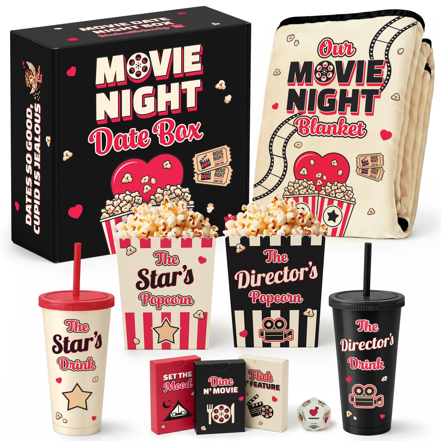 Movie Night Date Night Box for Couples, Perfect Valentines Day Gifts with Couples Blanket, Popcorn Bowl Buckets, Re-usable Cups, Date Night Generator Cards, Movie Genre Dice, Gifts for Movie Lovers