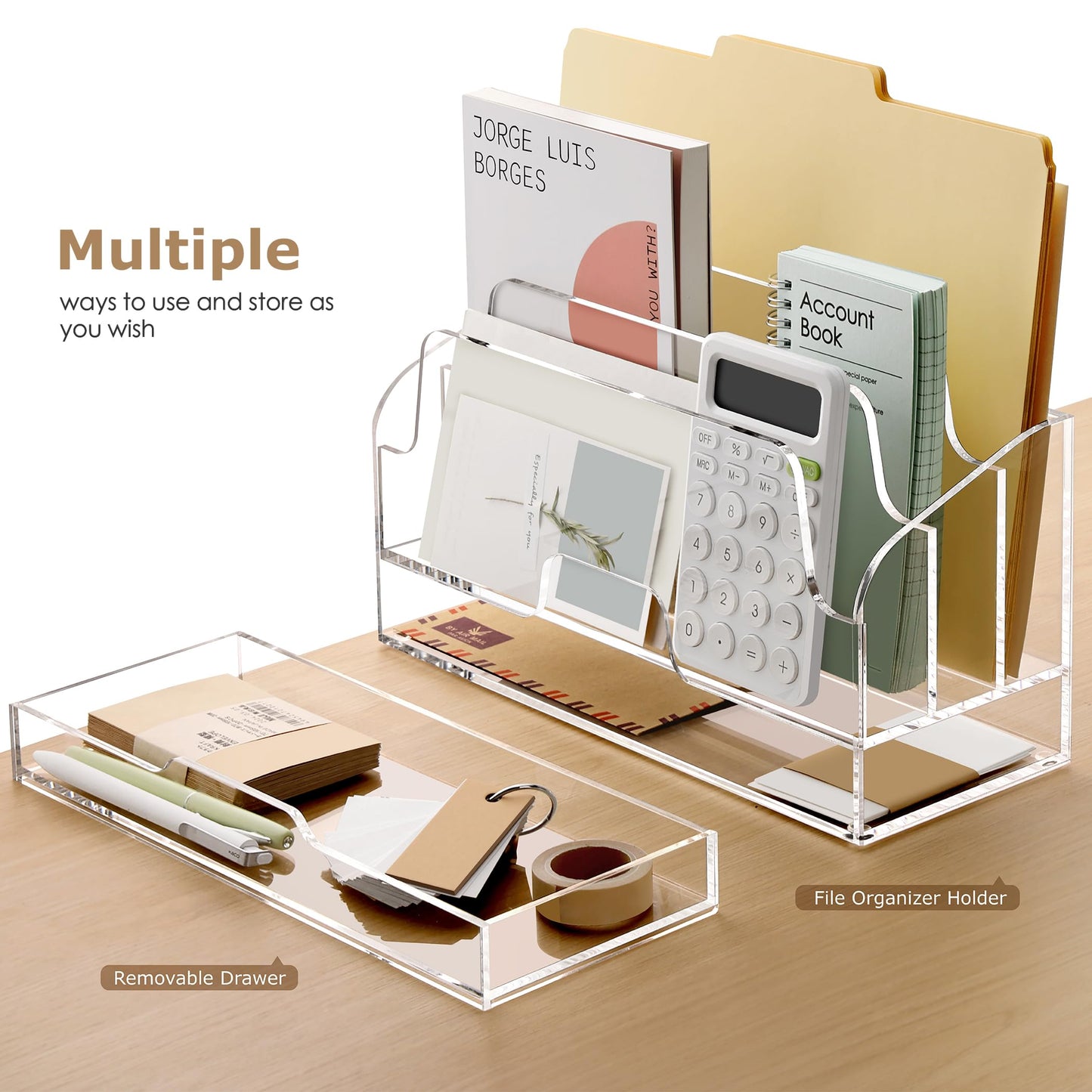 SANRUI Clear Desk Organizer Holder with Drawers, Acrylic Desktop Manila folders File Mail Sorter Box, Office Desk Accessories & Workspace Envelope Bill Letter Organization Racks, 3 Compartments