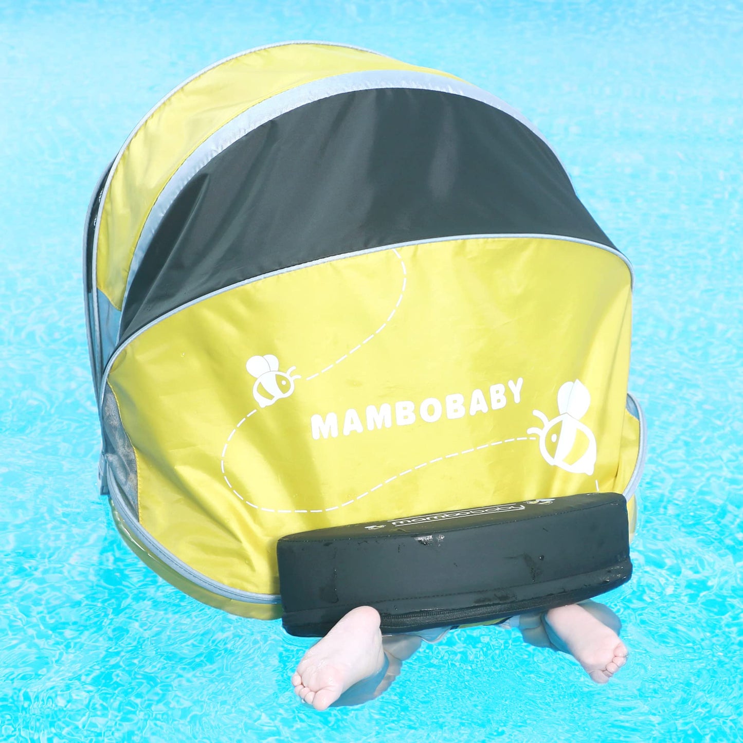 Mambobaby Float Add Tail Baby Swim Float with Canopy Solid Pool Infant Swim Trainer Swimming Training Lying Air Free Water Floats Non-Inflatable Waist Swim Ring for Toddlers (Bee)