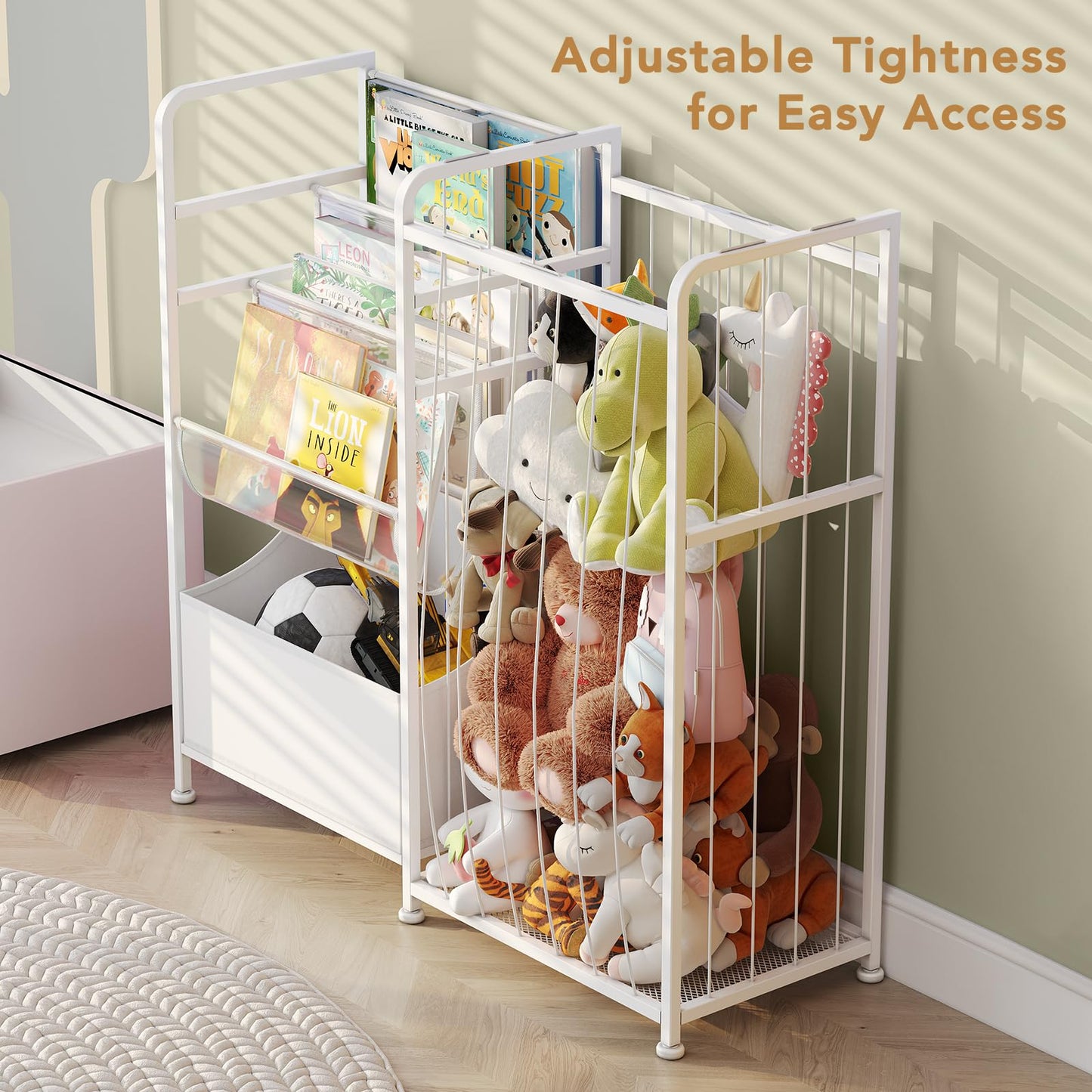 BBLIKE Kids Bookshelf and Stuffed Animal Storage - Multi-Function Nursery Book Shelves with Leather Toy Box and PVC Book Display, Toy Organizer for Playroom, Bedroom, Nursery, White