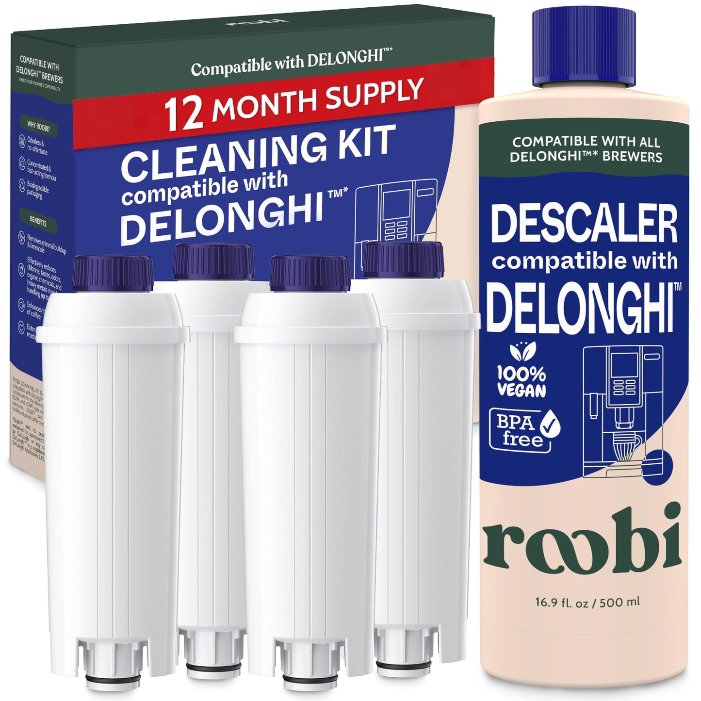 Roobi DeLonghi Compatible Cleaning Descaling Kit. Includes 1 Bottle of Descaling Solution and 4 DeLonghi Filters. Carbon Neutral DeLonghi Cleaner Descaler Kit. 1 Year Supply.