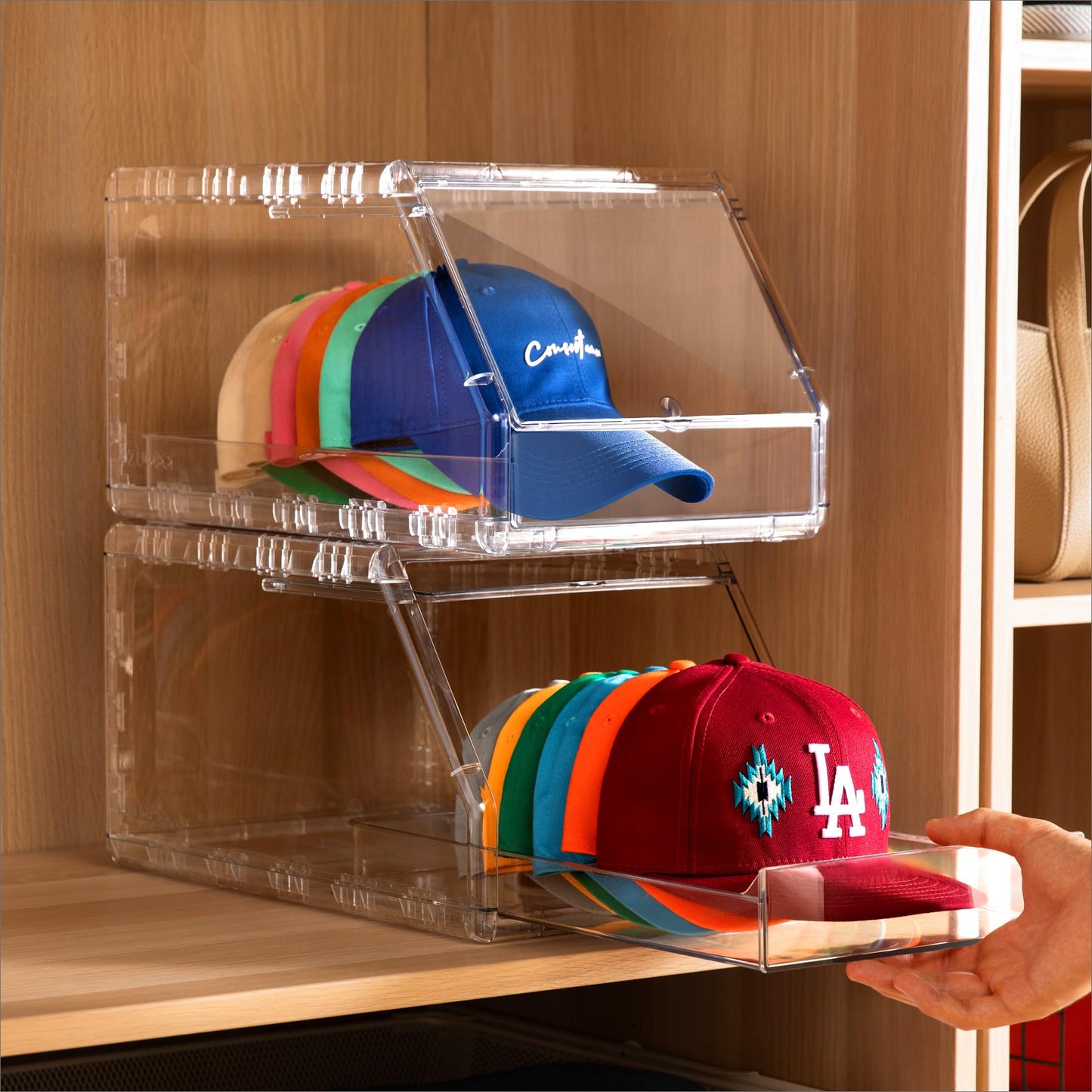 Ozueccr 2 Pack Hat Organizer for Baseball Caps – Stackable Clear Display Box with Sliding Drawer, Holds 15 Baseball Caps, Closet and Shelf Organizer for Hats, Transparent Display with Anti-Slip Feet