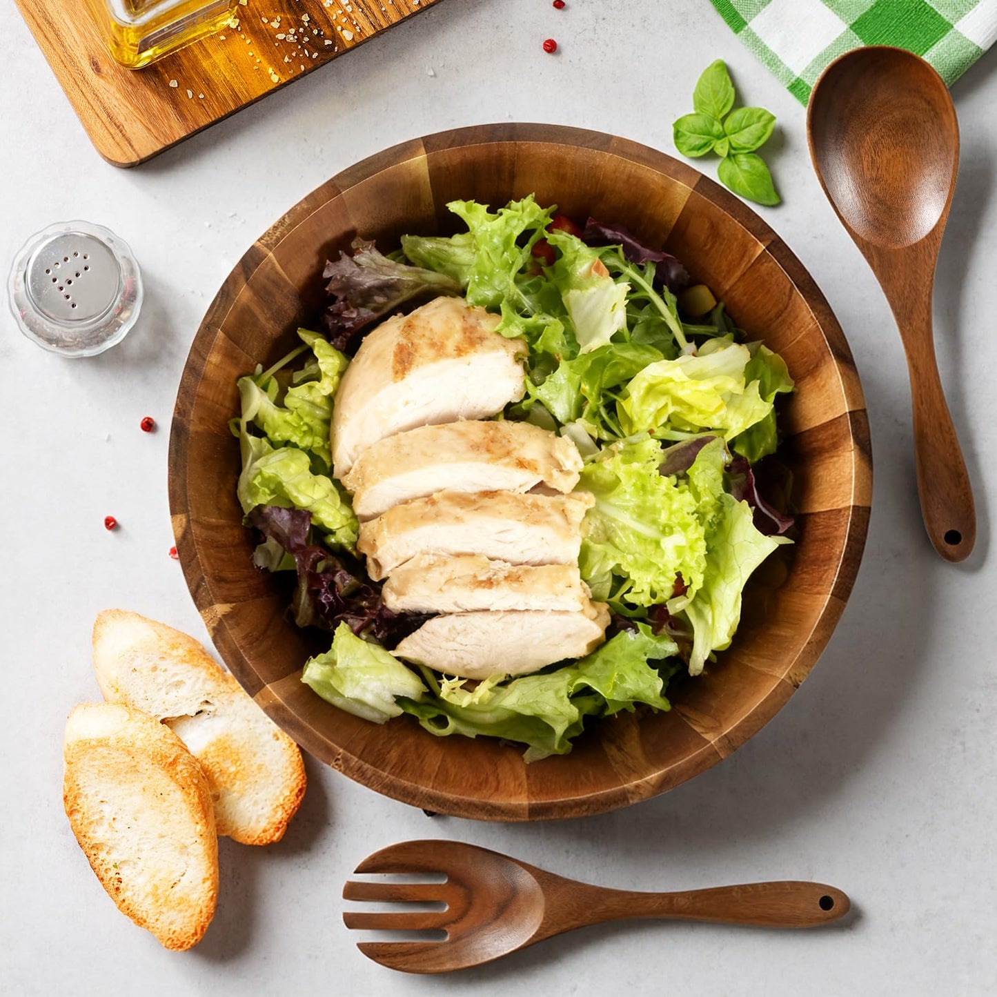 MYRAINBOW Wooden Salad Bowl Set 11.8 Inch – Acacia Large Wood Salad Bowl with Wooden Serving Utensils, Big Salad Bowls for Fruits, Food Serving & Hosting Family Gatherings
