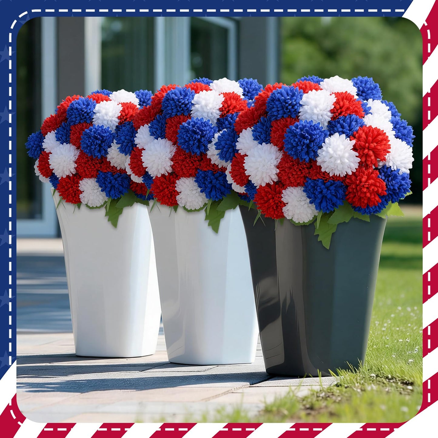 12 Bundles Red White Blue Artificial Flower for Outdoor UV Resistant 250th Anniversary Patriotic Outdoor Decoration Fake Chrysanthemum Flowers for July of 4th Independence Day National Day Party Decor