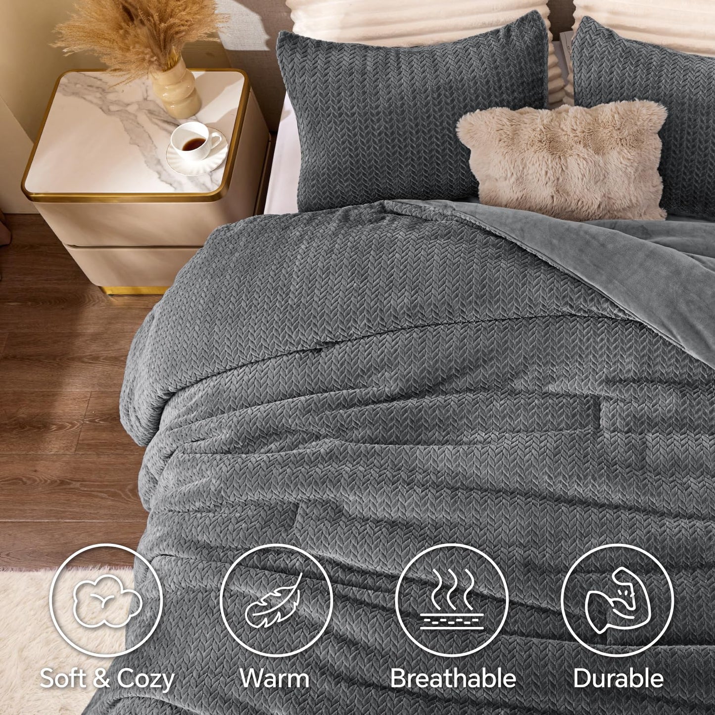 ChiXpace Flannel Fleece Queen Comforter Set - Ultra Soft Furry Grey Leaves Pattern Faux Fur Bed Set, Winter Fuzzy Fluffy Comfort Set, Velvet Bedding Set for Bed with 2 Pillow Cases