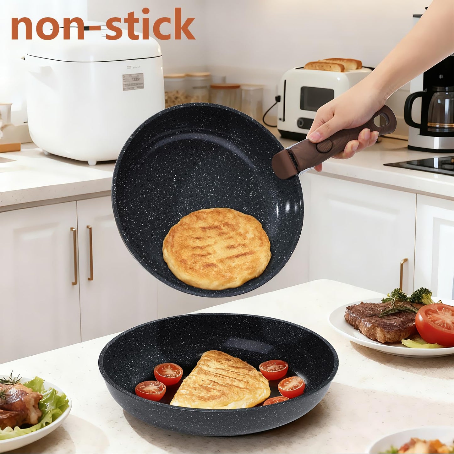 15PCS Ceramic Cookware Sets Detachable Handle Pots and Pans Set Non Stick (Black)
